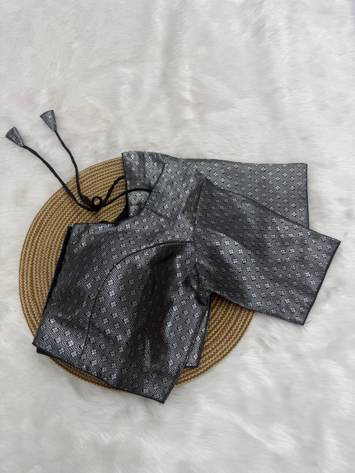 DESIGNER JACQUARD READY TO WEAR SAREE BLOUSE - BLACK & SILVER