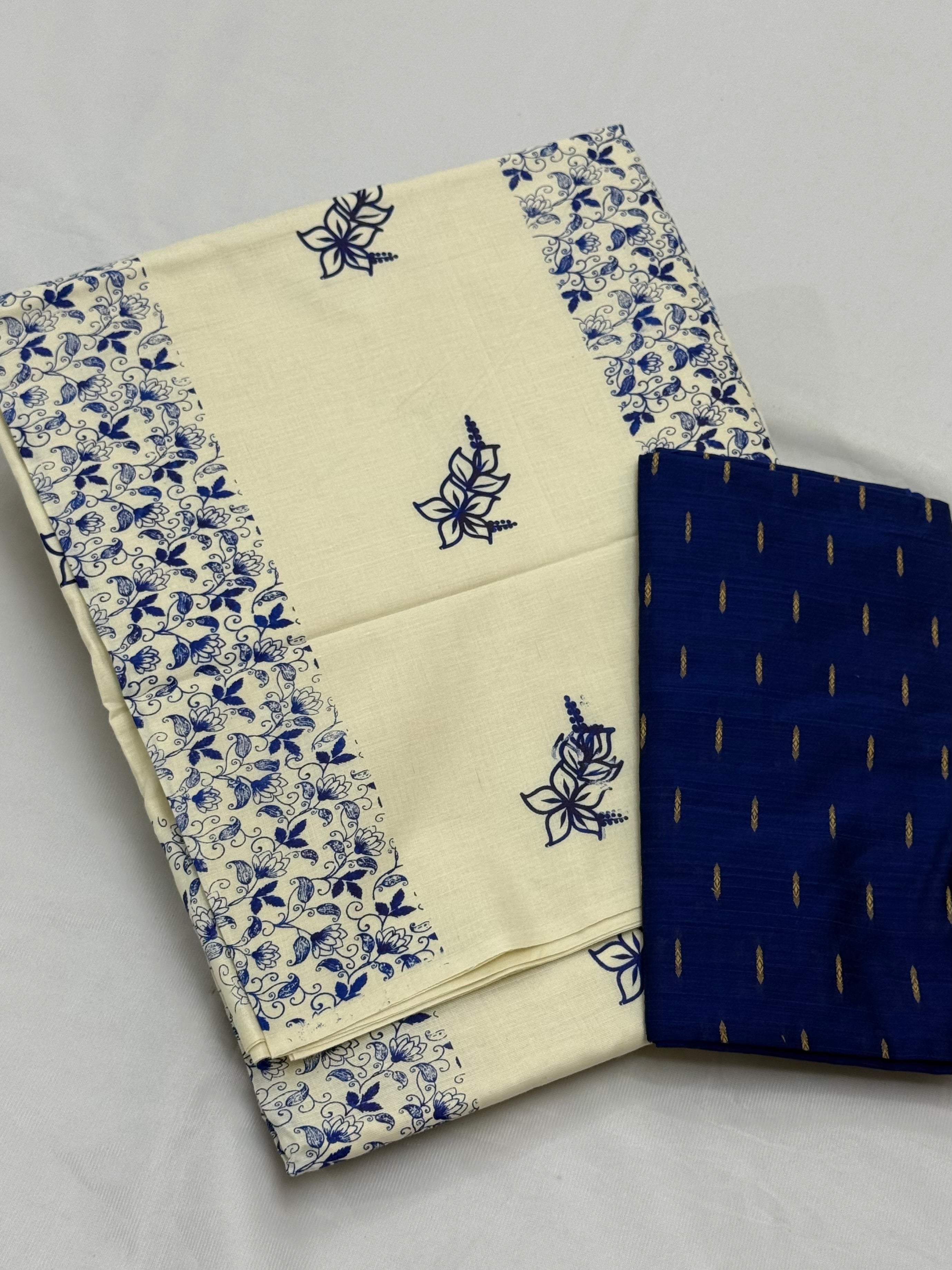 KASAVA COTTON PRINTED BORDERLESS SAREE WITH BLOUSE PIECE - BLUE