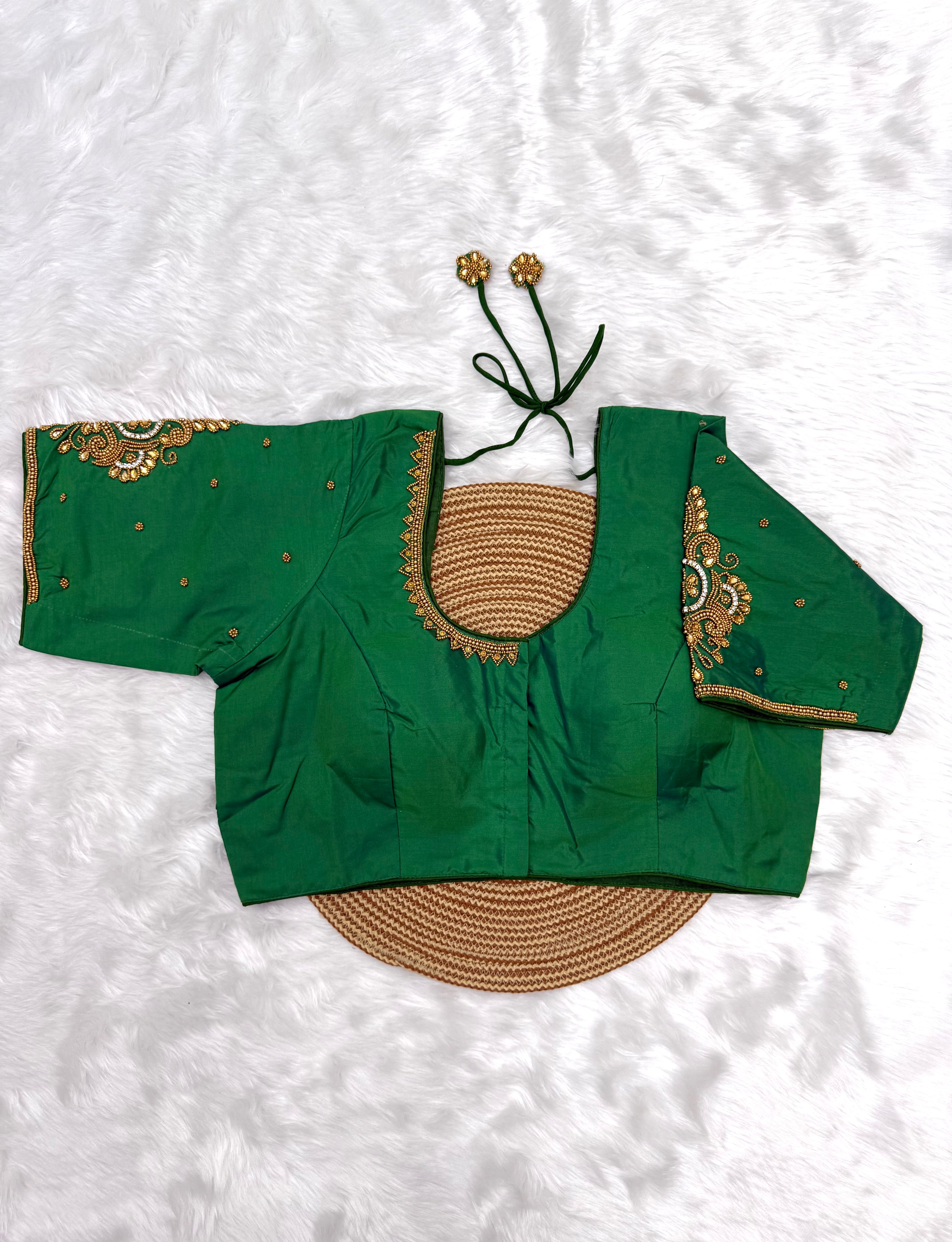 BRIDAL AARI WORK READY TO WEAR SAREE BLOUSE - GREEN