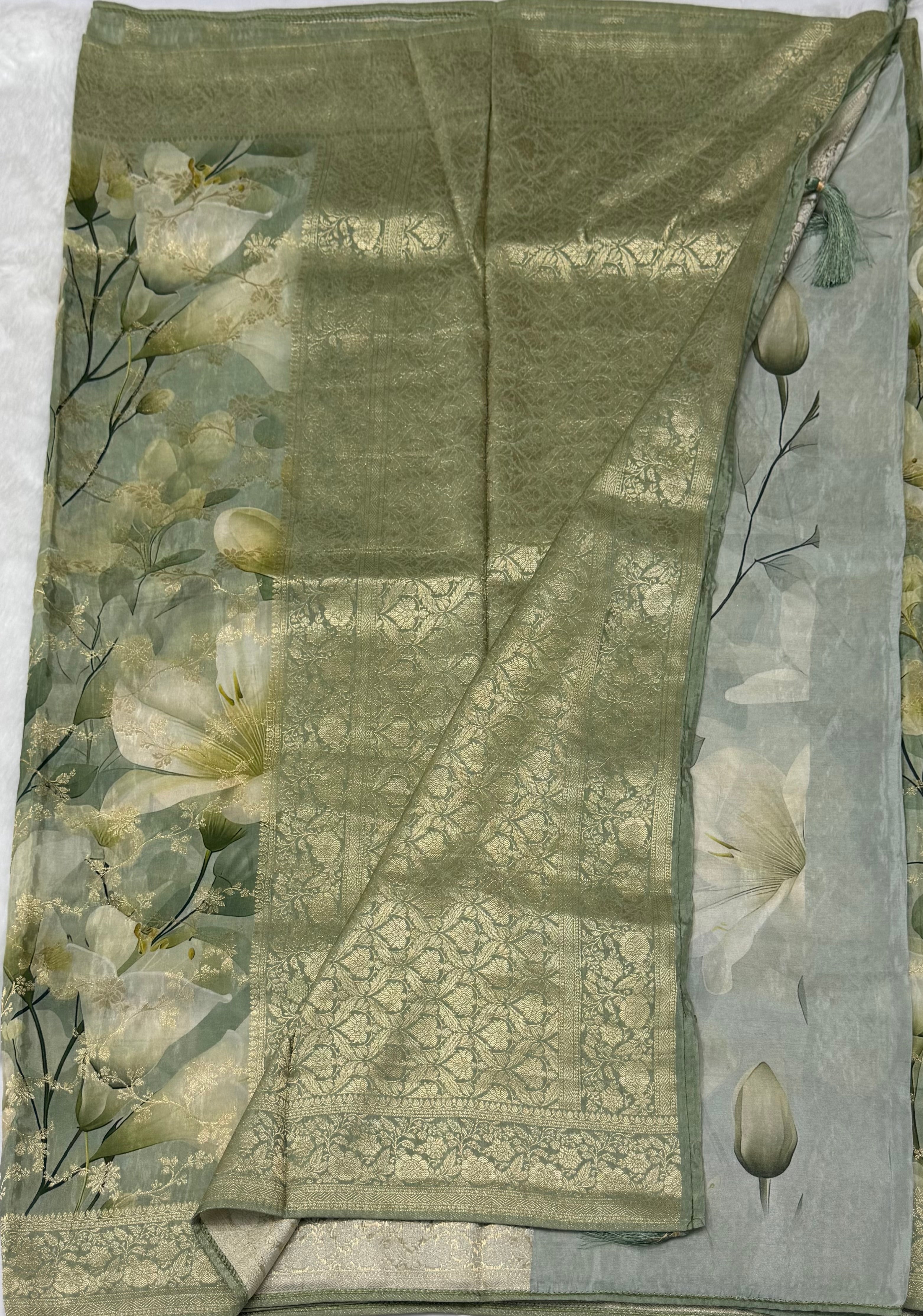 SAGE GREEN FLORAL PRINTED ORGANZA SILK SAREE WOVEN ZARI BORDER AND TASSELS
