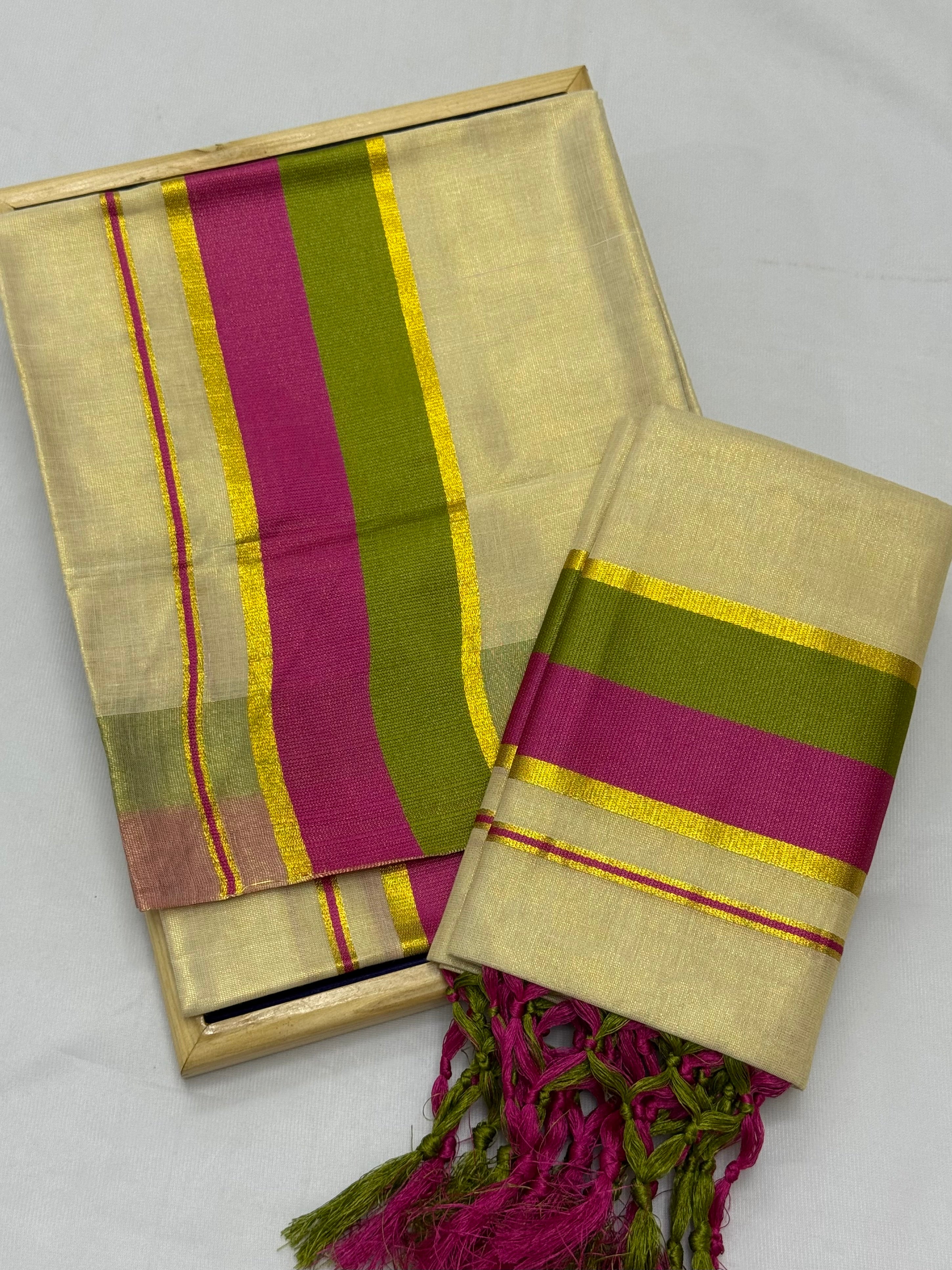 TISSUE SINGLE SET MUNDU (MUNDUM NERIYATHUM) WITH KARA BORDER - 2 X 2.80 MTRS - (CREAM,MULTI)