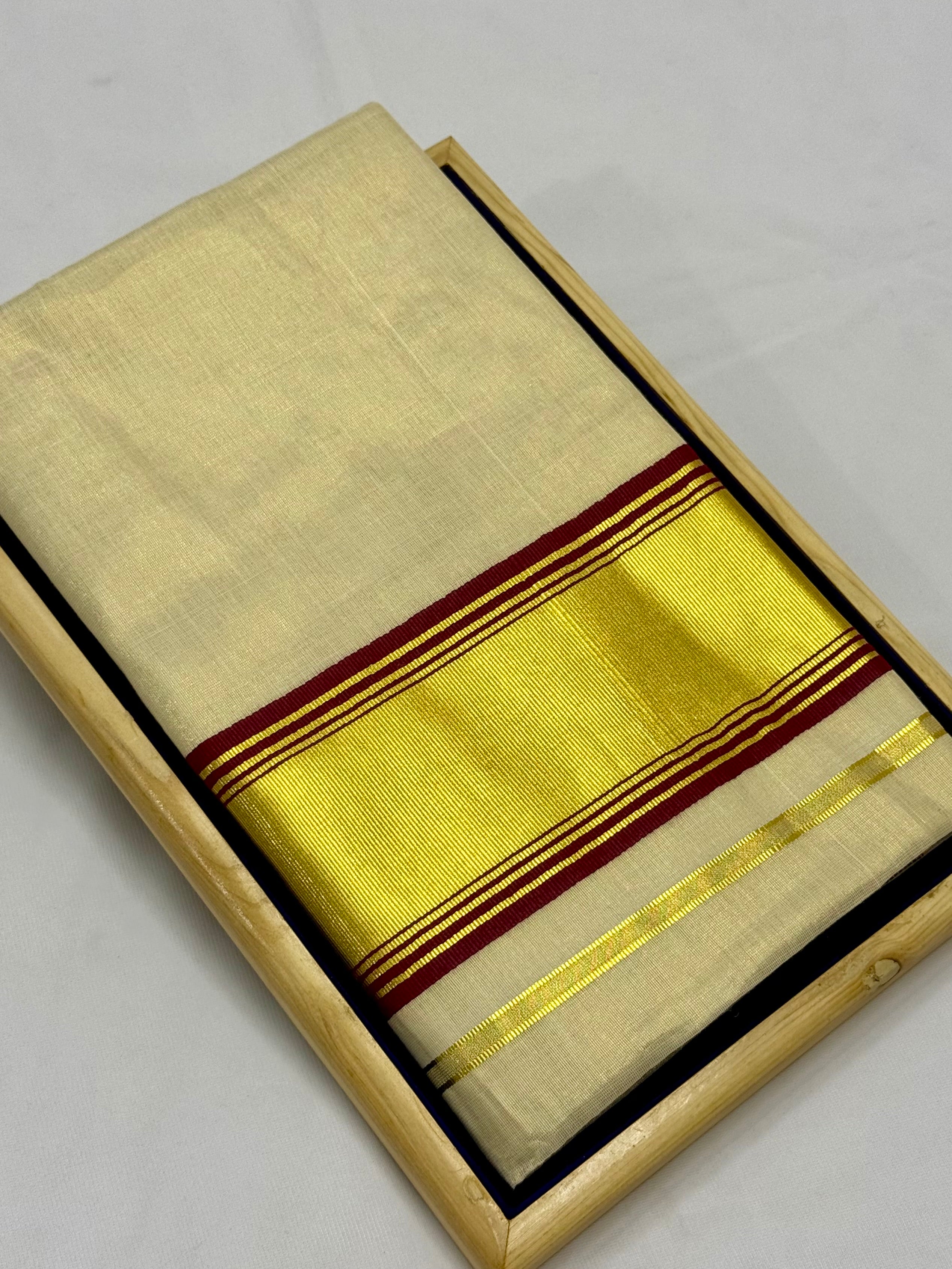 TRADITIONAL KERALA KASAVU TISSUE SAREE - (CREAM,GOLD,MAROON)