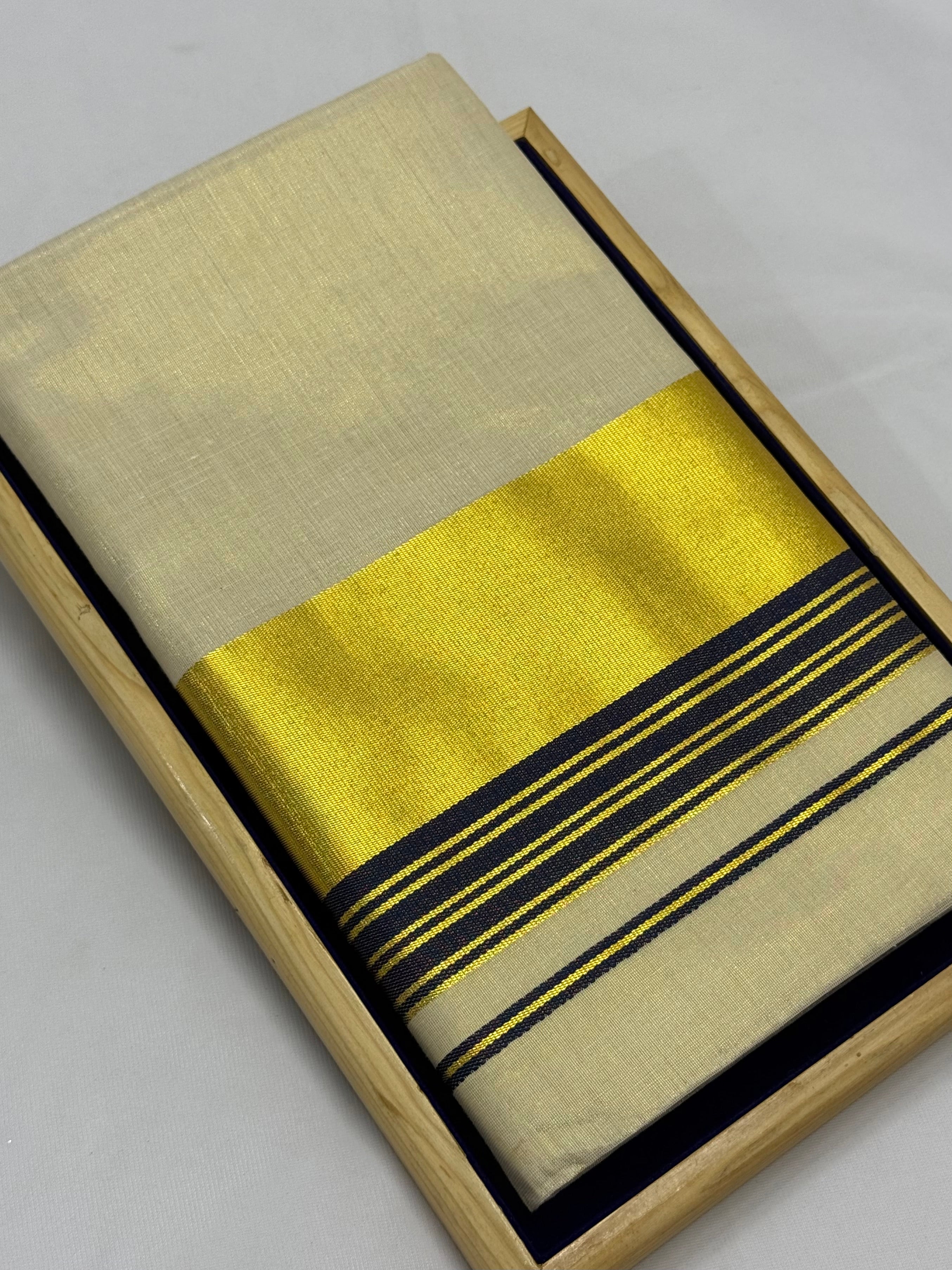 PREMIUM KERALA KASAVU TISSUE STRIPES SAREE - (CREAM,GOLD,BLUE)