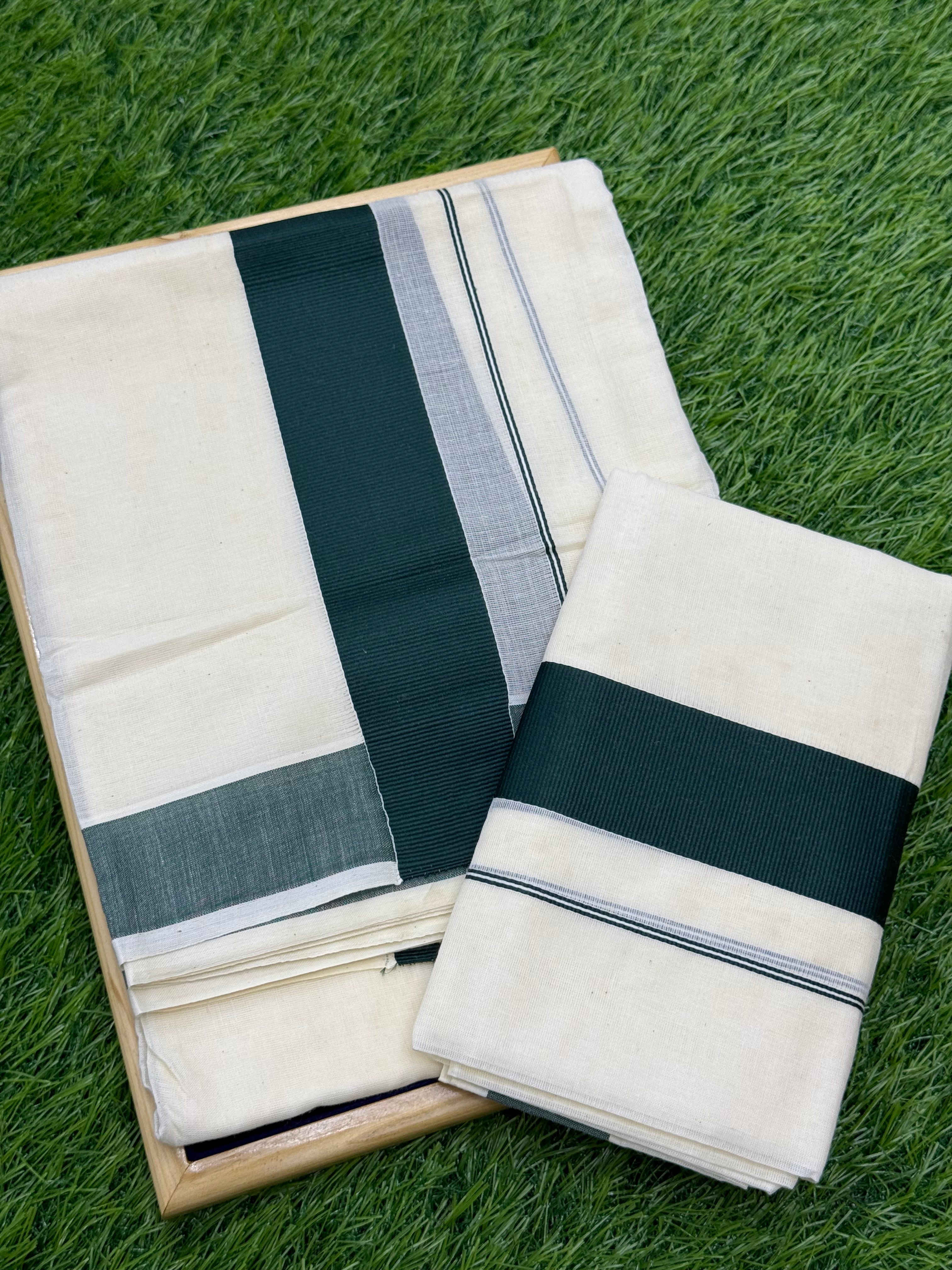 KASAVU COTTON KARA BORDER SINGLE SET MUNDU (MUNDUM NERIYATHUM) - 2 X 2.80 MTRS - GREEN
