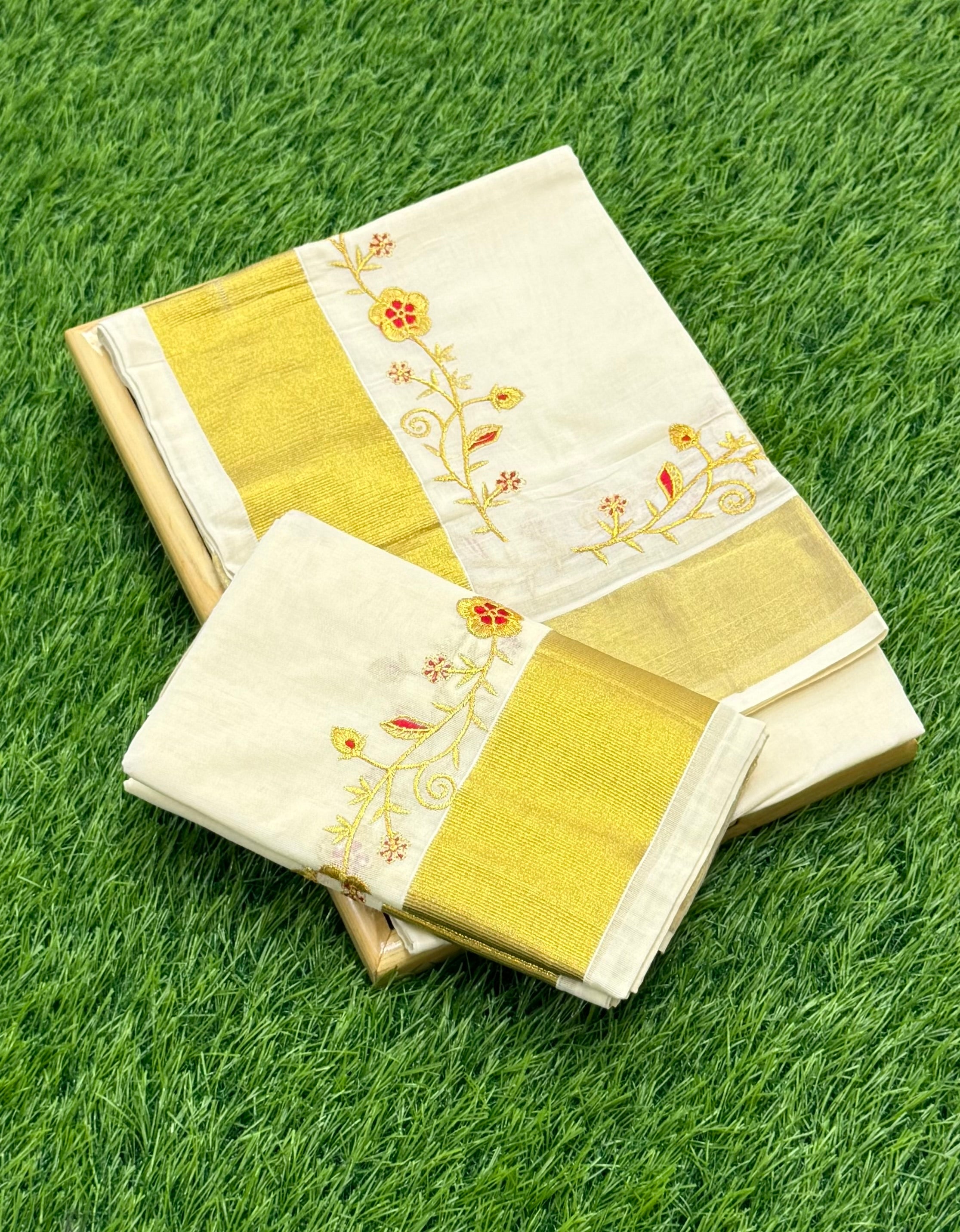 KASAVU EMBROIDERY SINGLE SET MUNDU (MUNDUM NERIYATHUM) - 2 X 2.80 MTRS - (OFF WHITE,GOLD)