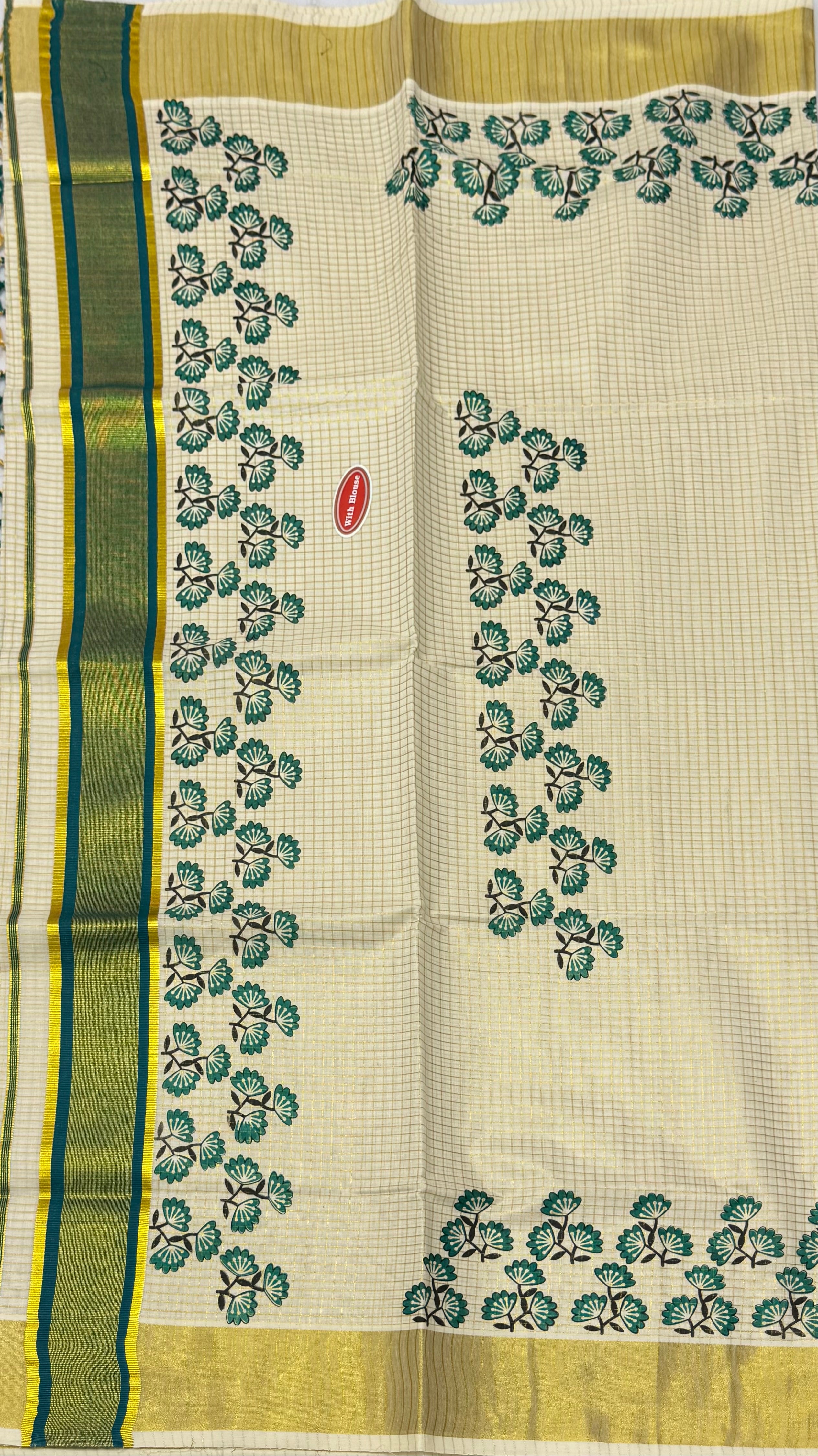 TRADITIONAL PRINTED KASAVU TISSUE CHECKED SAREE (OFF WHITE,GOLD,GREEN)