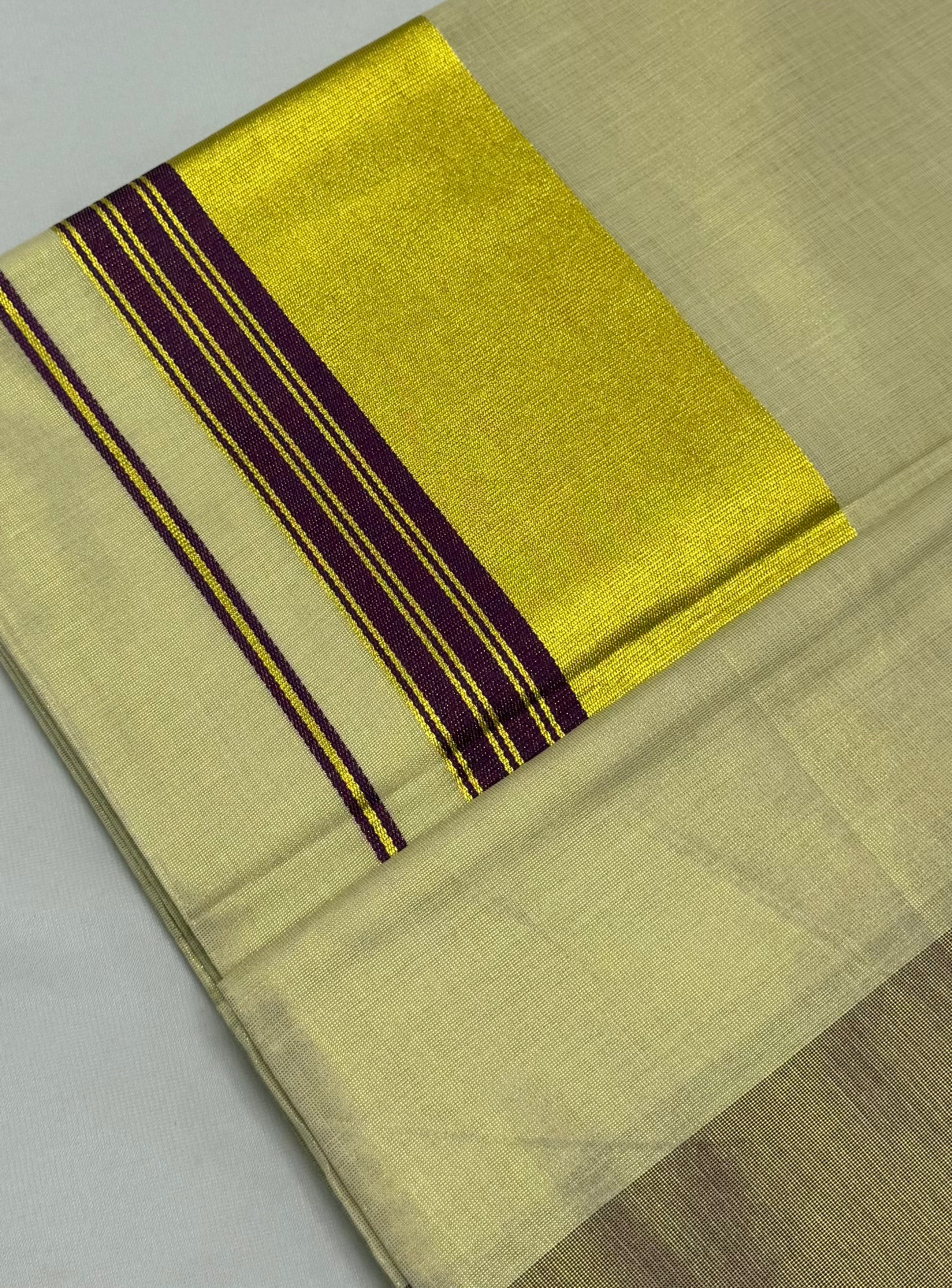 PREMIUM KERALA KASAVU TISSUE STRIPES SAREE - (CREAM,GOLD,VIOLET)