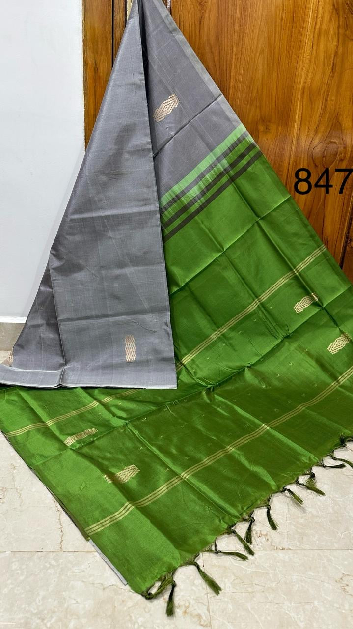 HANDLOOM BANANA PITH SILK SAREE - GREY & GREEN