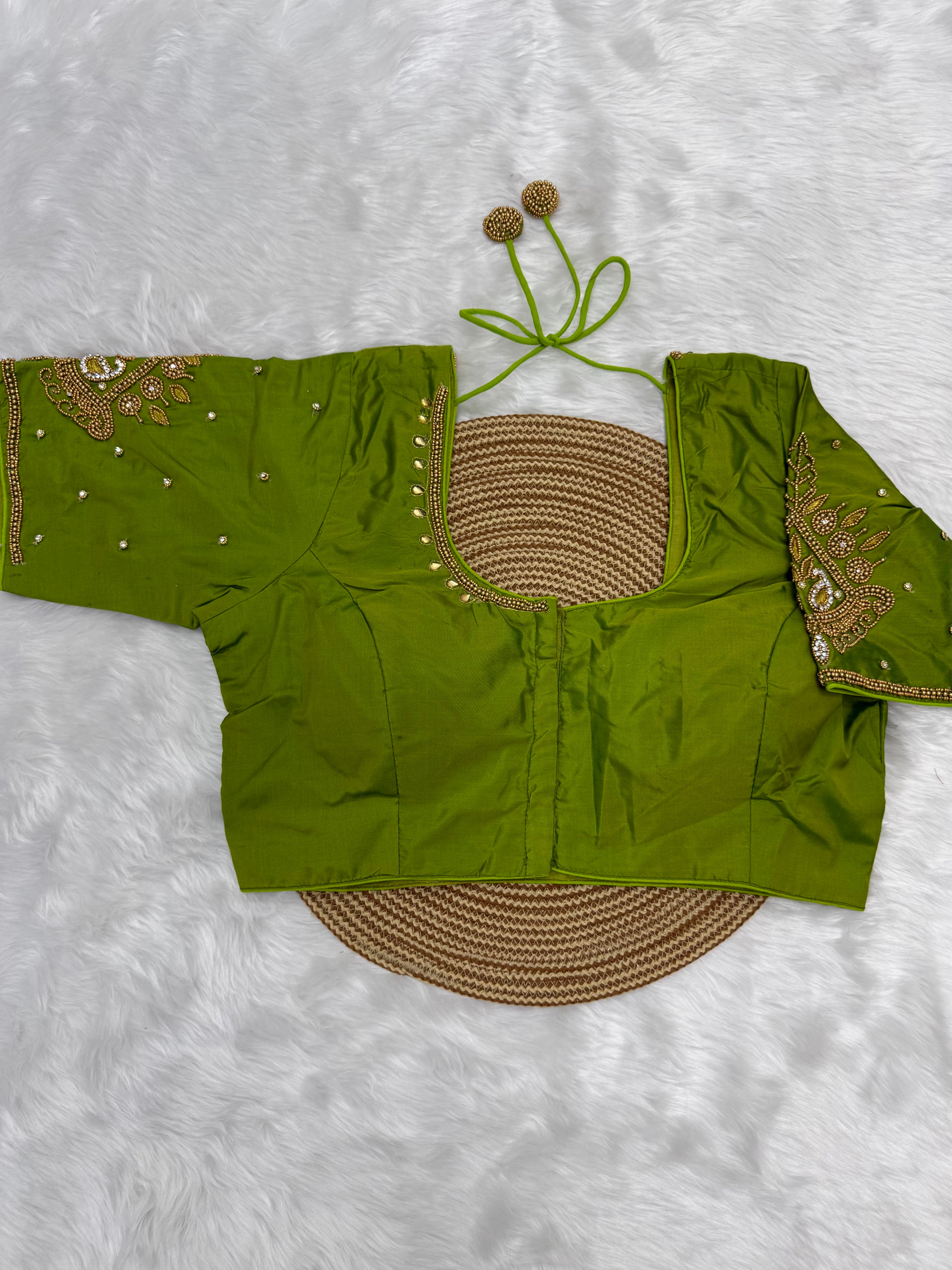 BRIDAL AARI WORK READY TO WEAR SAREE BLOUSE - APPLE GREEN