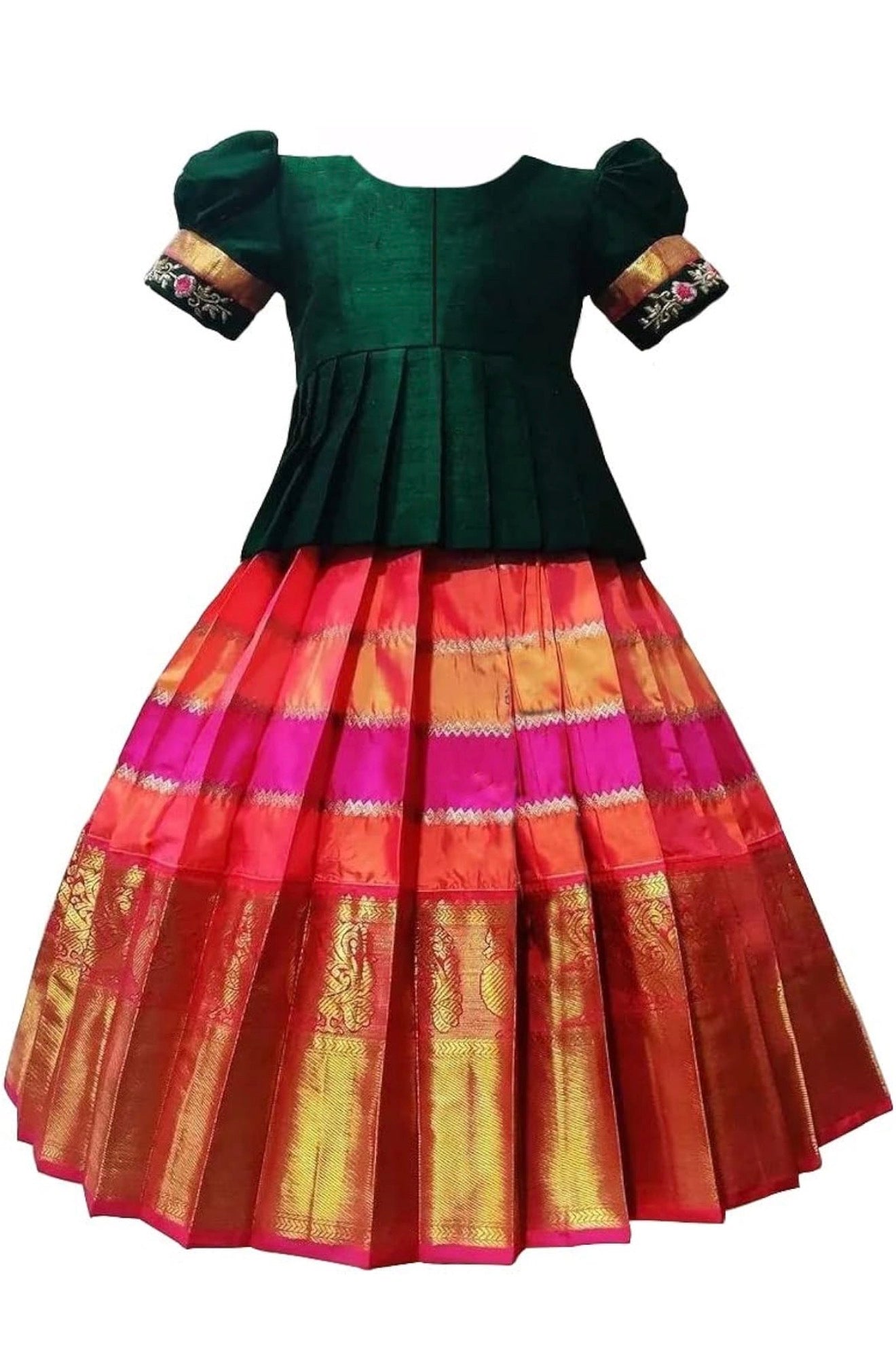 GIRLS SILK BLEND READYMADE PATTU PAVADAI/LEHENGA CHOLI - GREEN & MULTI