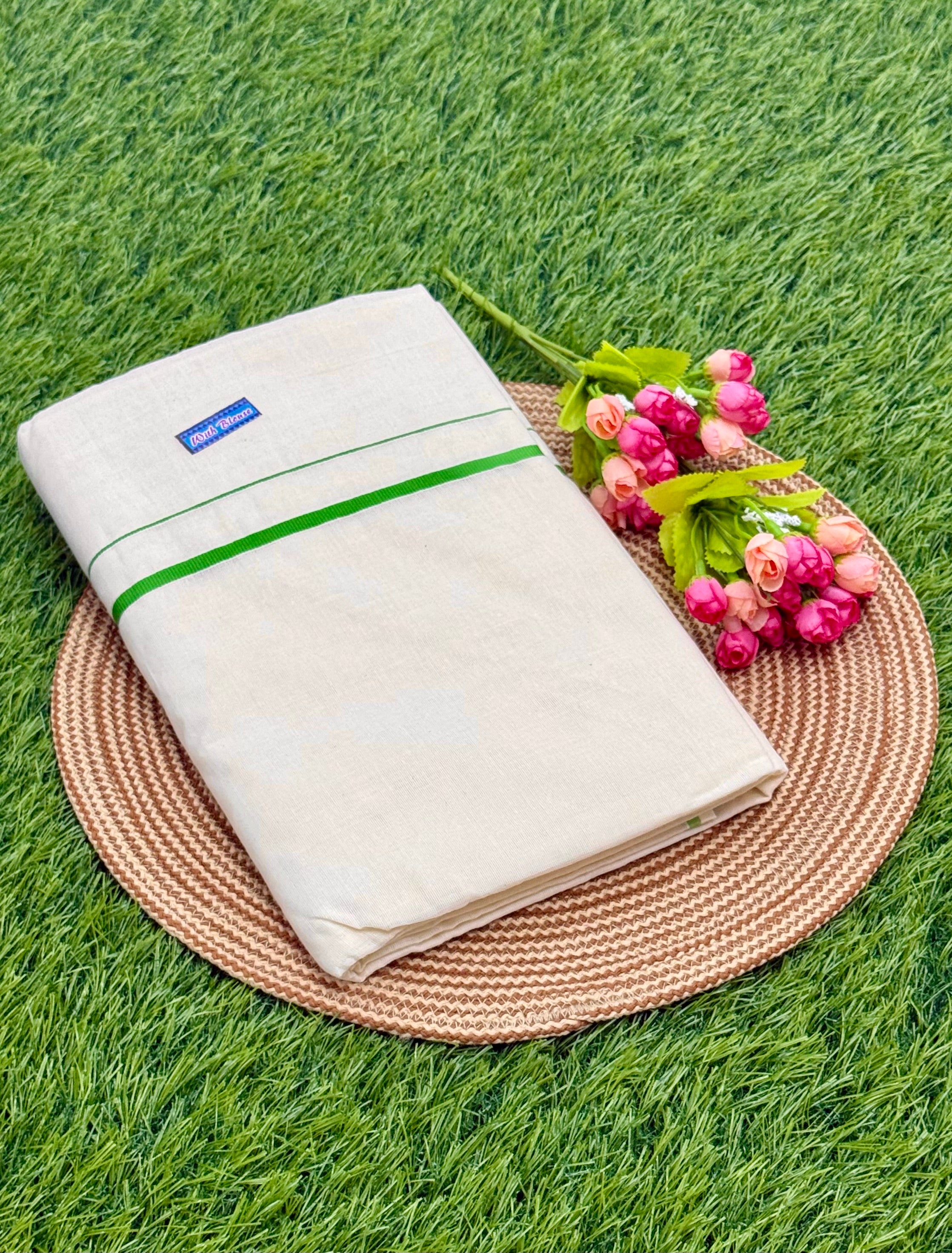 KERALA KASAVU SOLID/PLAIN PURE COTTON SAREE - GREEN