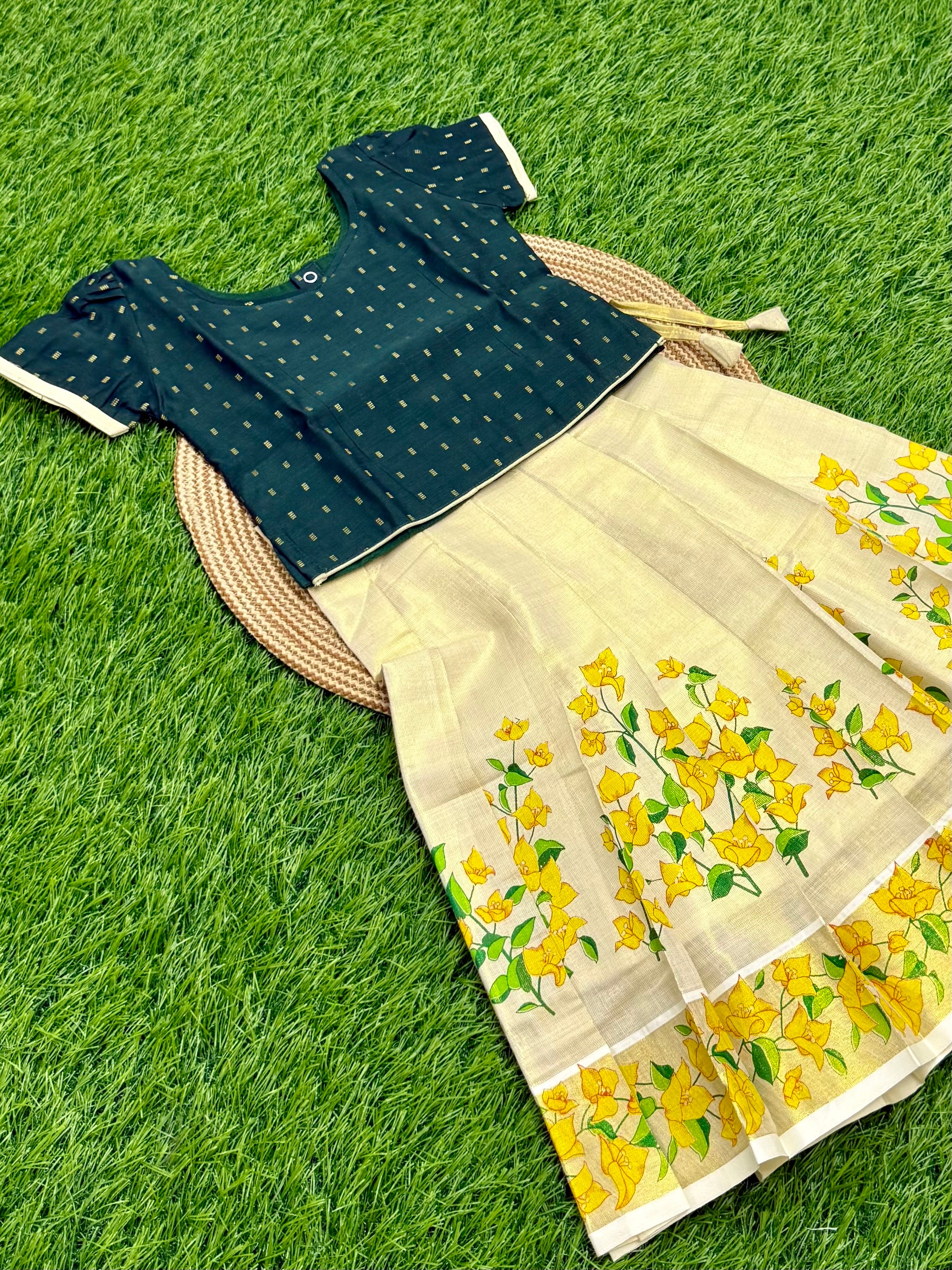 KIDS GIRL'S PATTU PAVADAI - CREAM & GREEN