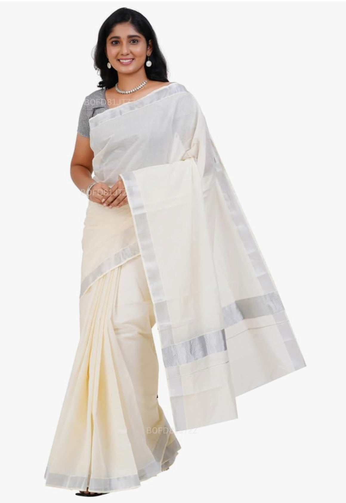 KASAVU COTTON OFF WHITE SAREE - SILVER BORDER