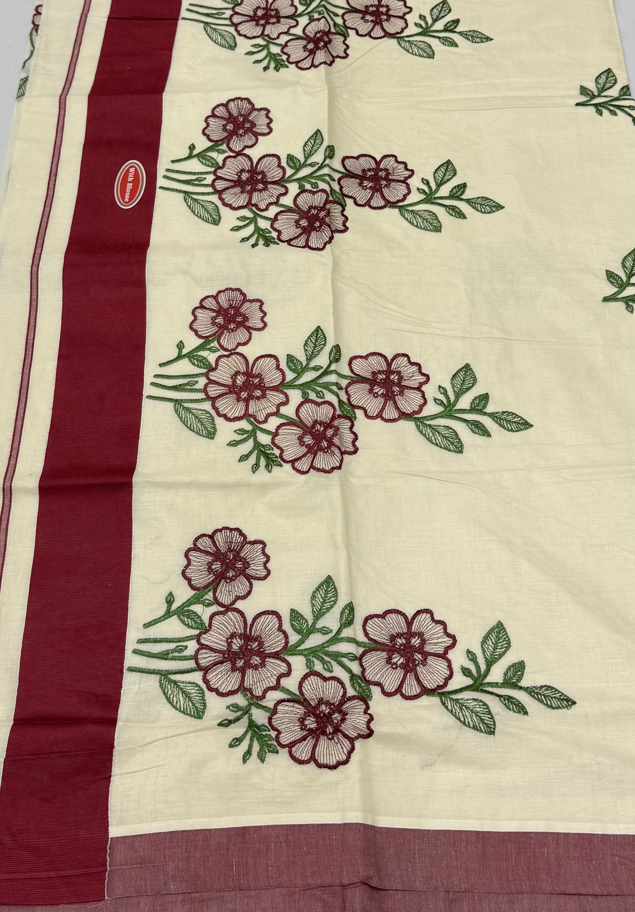KERALA KASAVU COTTON EMBROIDERY SAREE - (OFF WHITE,MAROON)