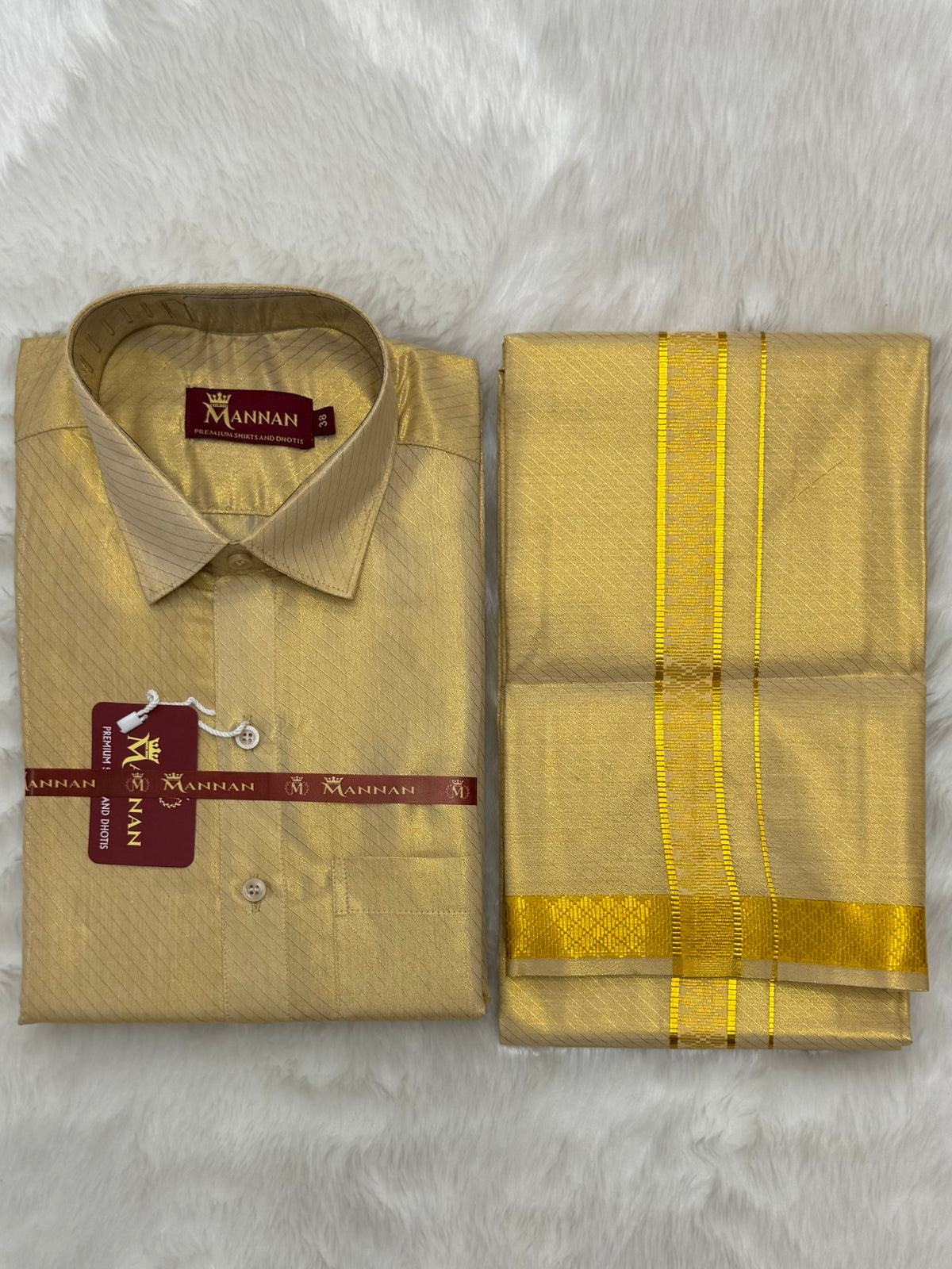MEN'S PREMIUM FULL JARI STRIPE TISSUE GOLD SINGLE DHOTI & SHIRT SET - CREAM