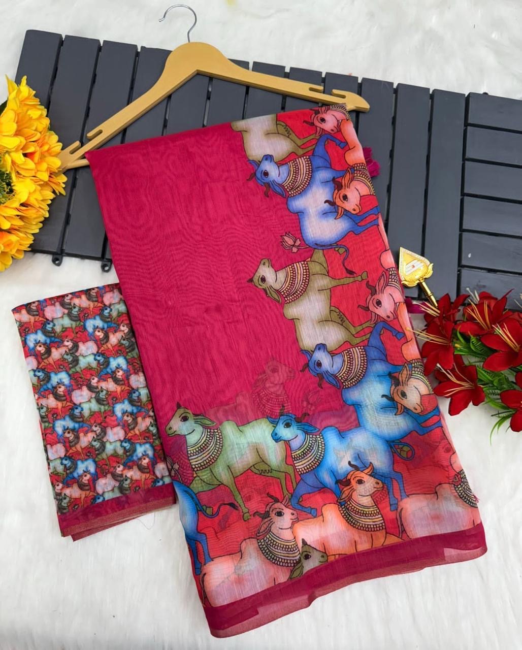 DIGITAL DESIGN CHANDERI SILK SAREE - PINK