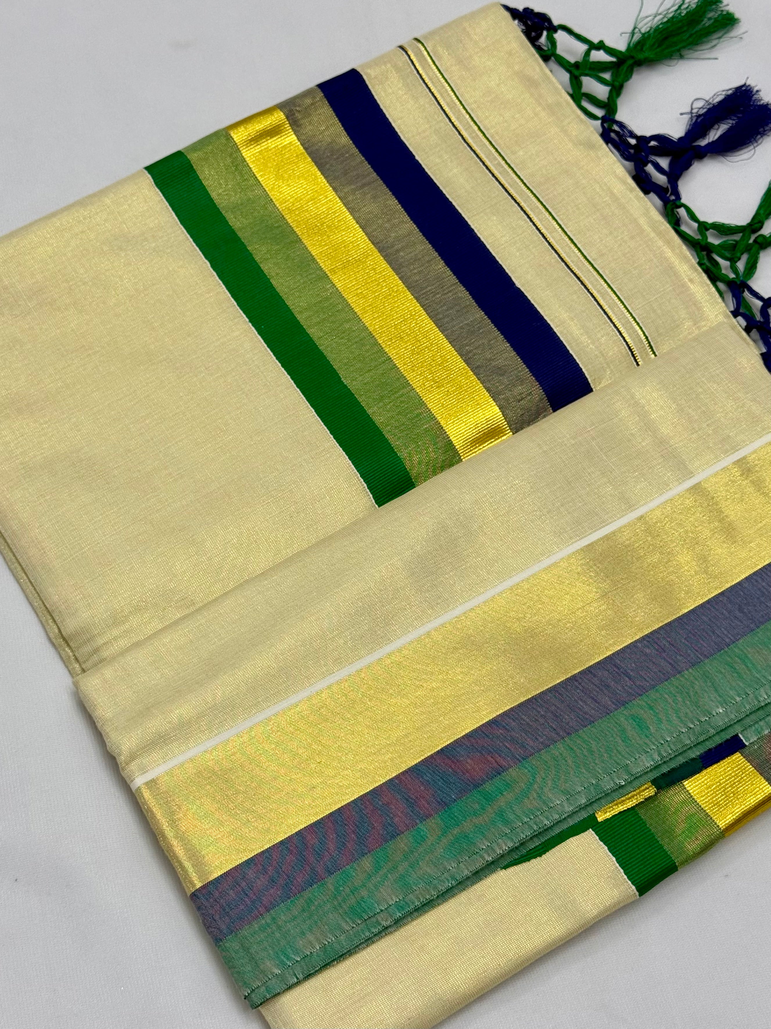 MULTI COLOUR STRIPES GOLDEN KASAVU TISSUE SAREE - (CREAM,GOLD)