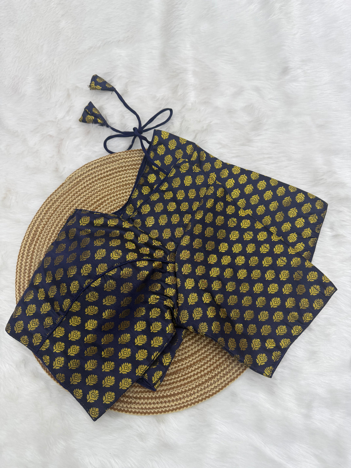 DESIGNER JACQUARD READY TO WEAR SAREE BLOUSE - NAVY BLUE