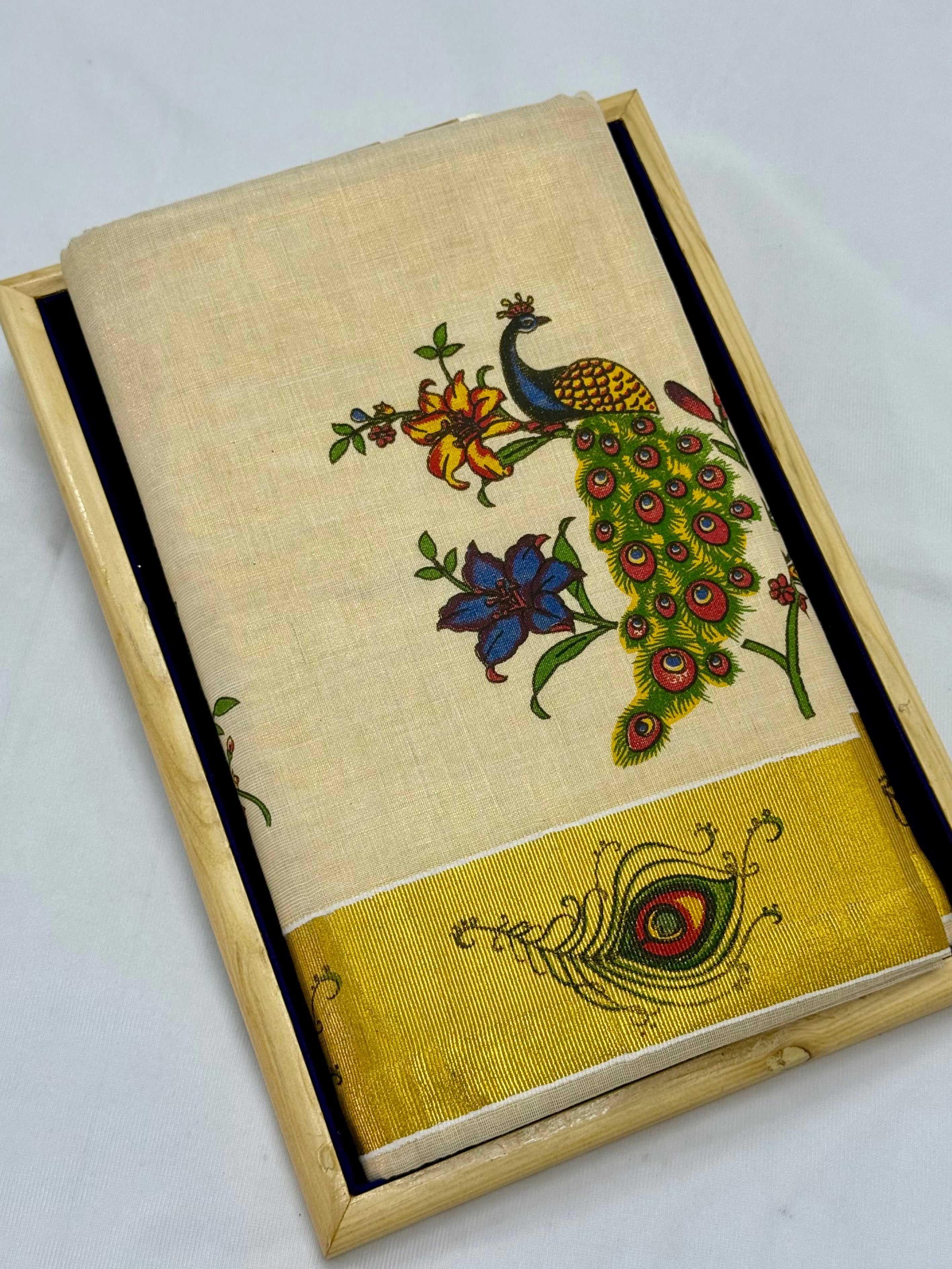 MURAL ART KASAVU TISSUE KERALA SAREE (GOLD,CREAM)