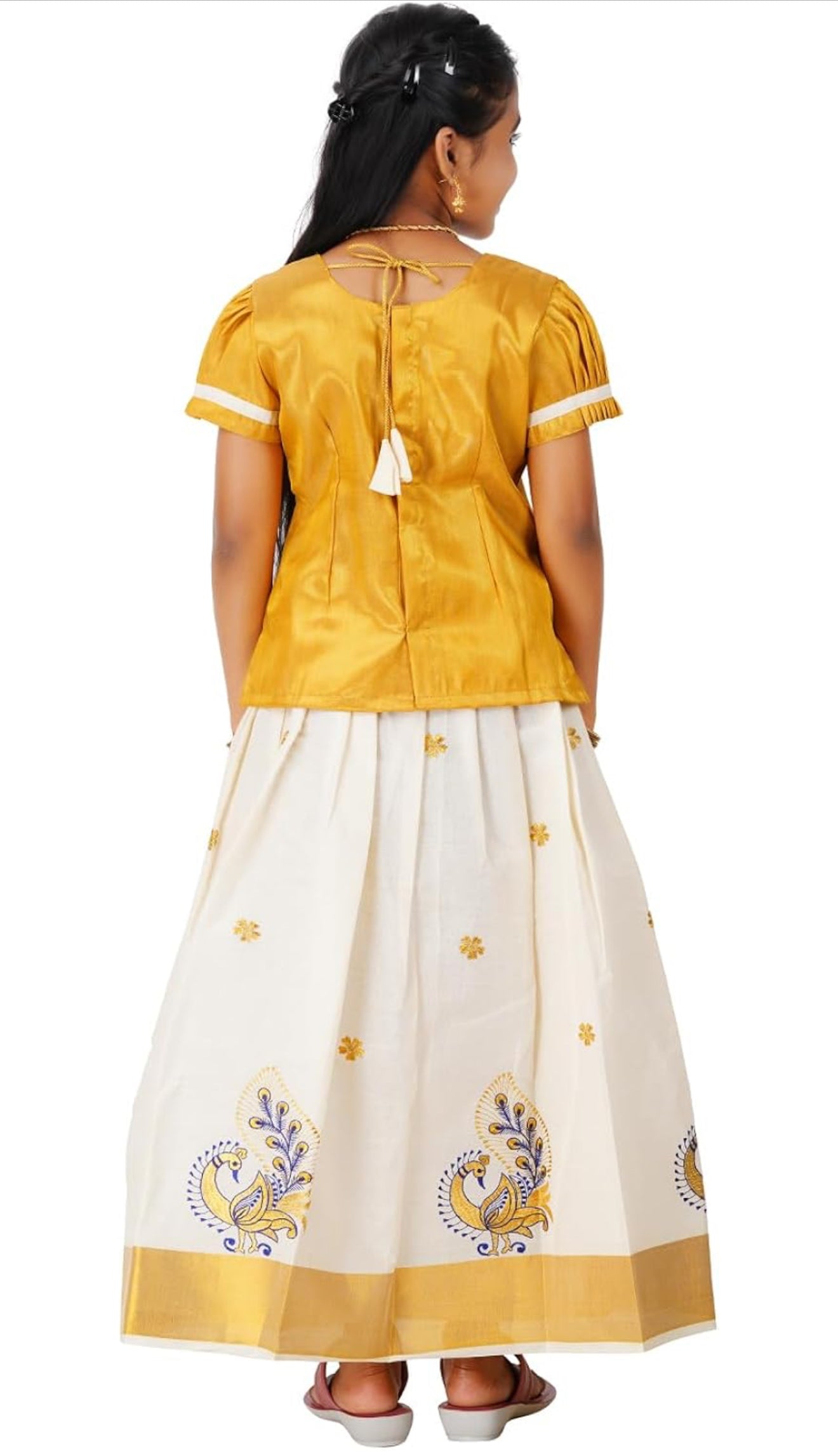 KIDS GIRL'S PATTU PAVADAI - GOLD & CREAM