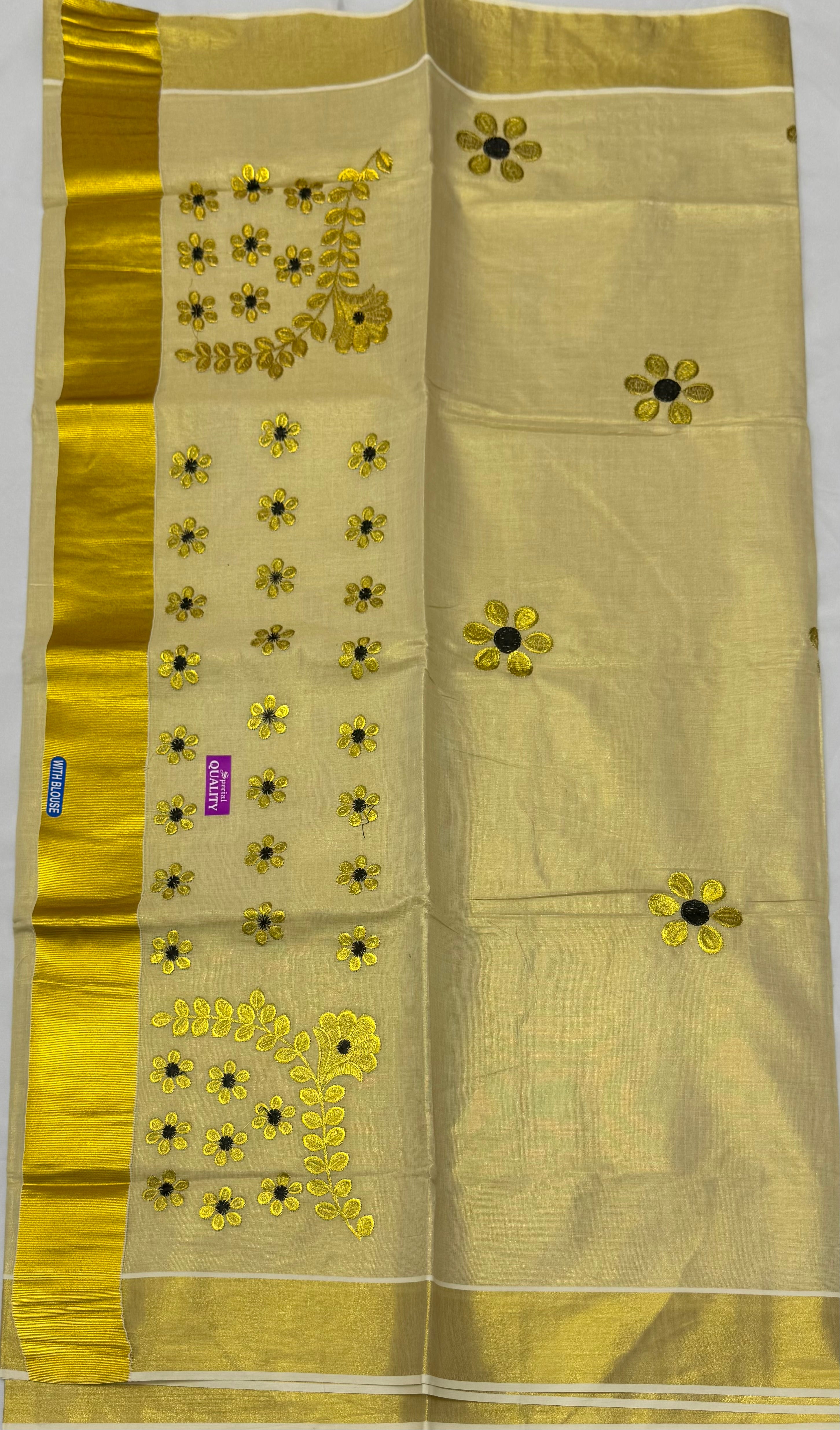 KERALA KASAVU TISSUE SILK EMBROIDERY SAREE - (GOLD,CREAM)
