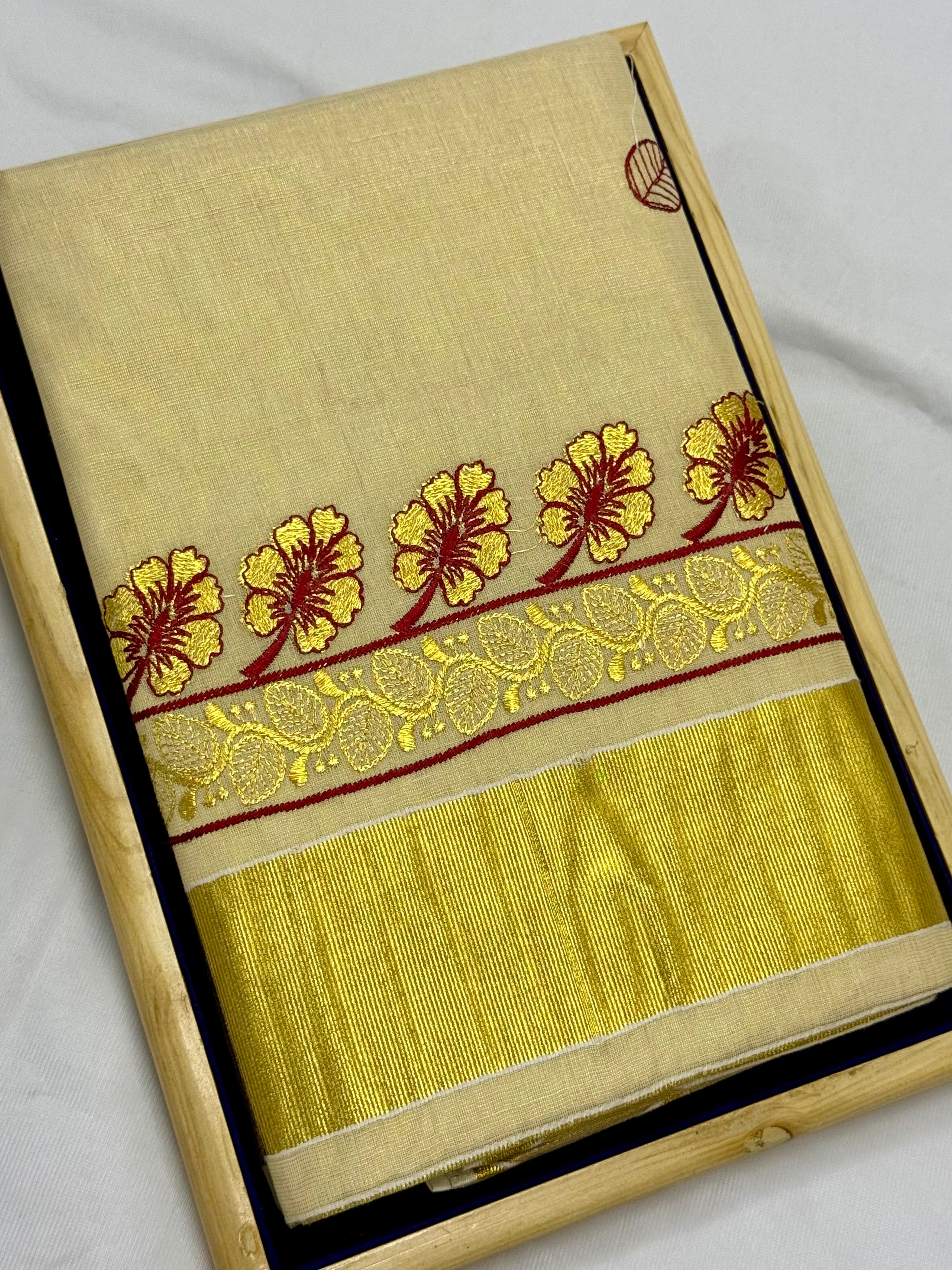 KERALA KASAVU TISSUE SILK EMBROIDERY SAREE - (GOLD,CREAM)