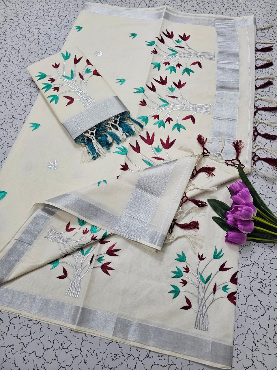 KERALA KASAVU EMBROIDERED COTTON SAREE - SILVER