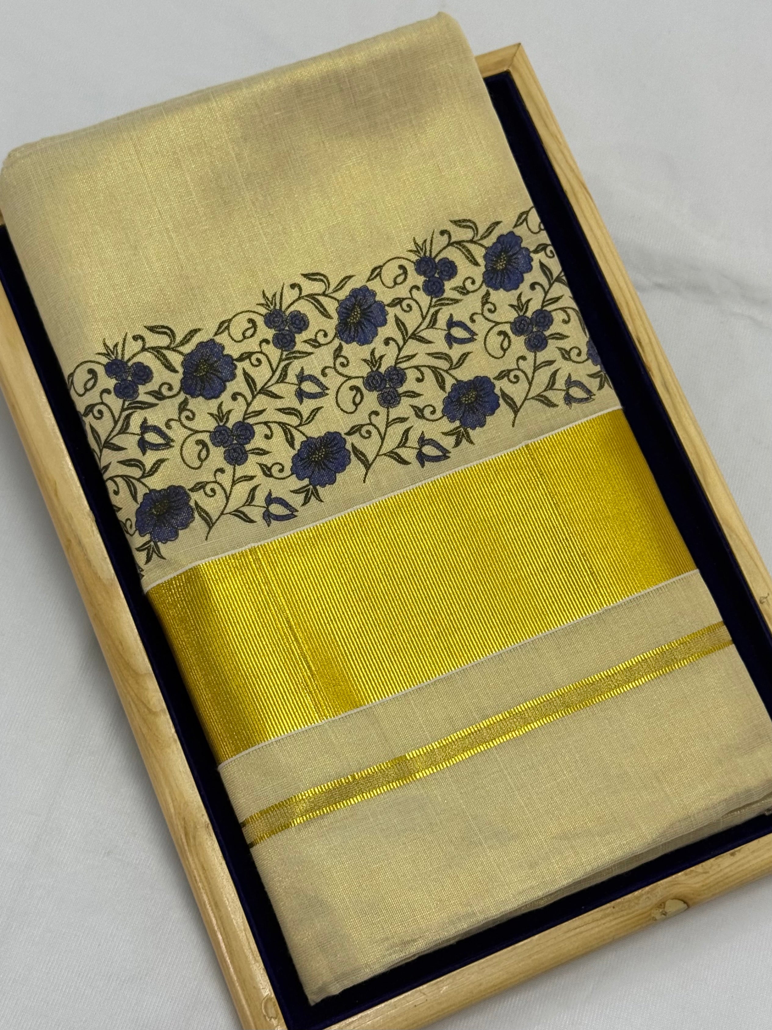 TRADITIONAL TISSUE KASAVU HAND PAINTED SAREE - (GOLD,CREAM)