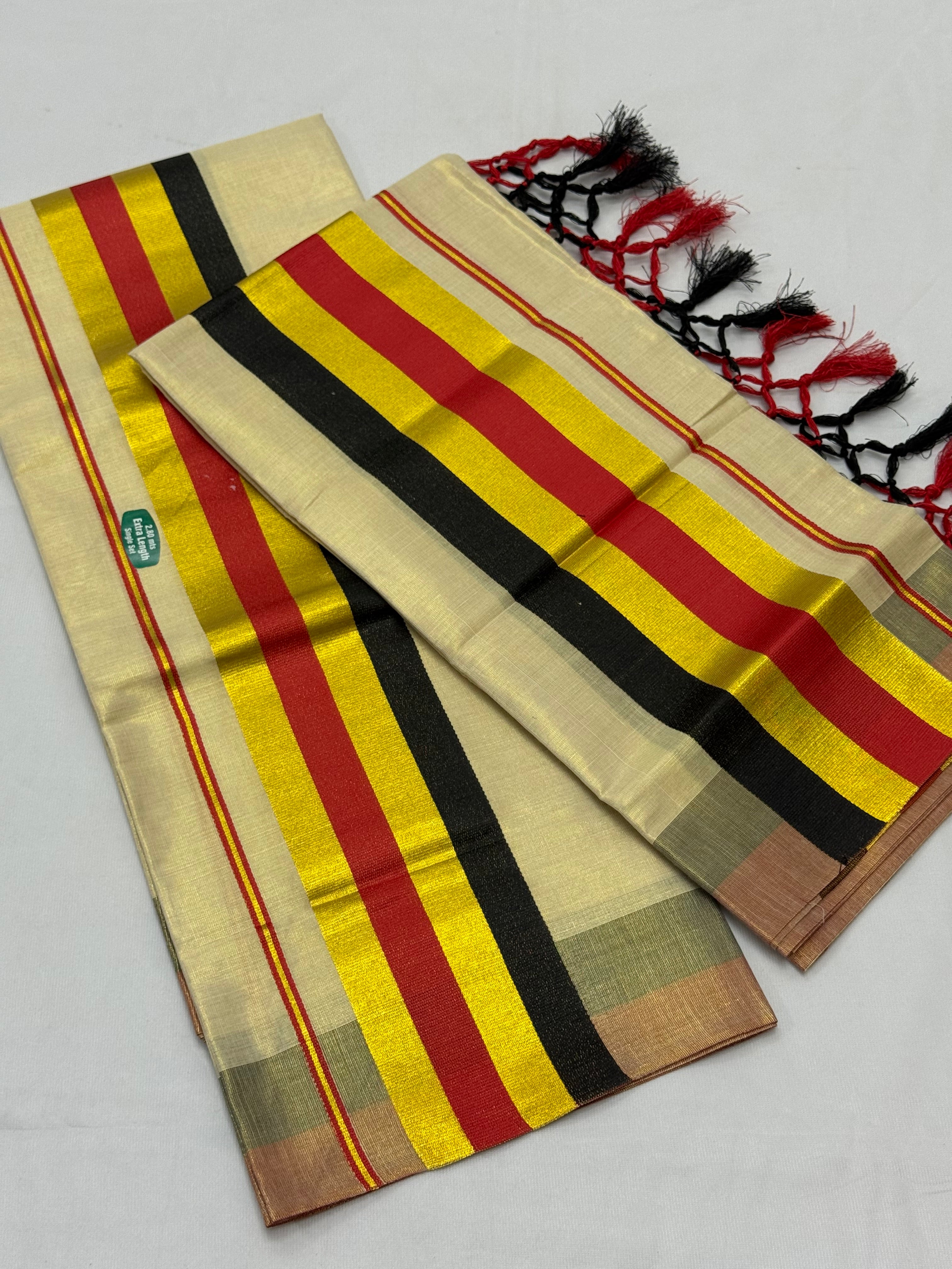 TISSUE SINGLE SET MUNDU (MUNDUM NERIYATHUM) WITH KARA BORDER - 2 X 2.80 MTRS - (CREAM,MULTI)