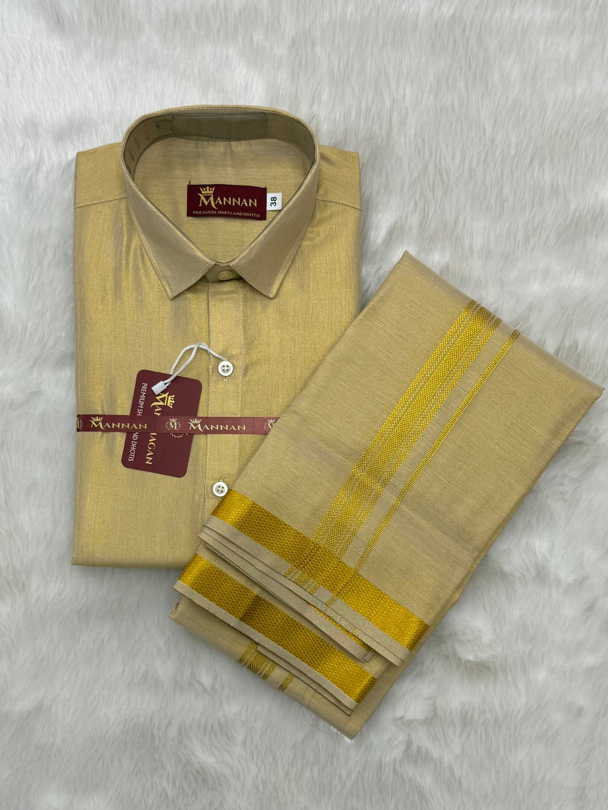 MEN'S PREMIUM FULL JARI TISSUE GOLD SINGLE DHOTI & SHIRT SET - CREAM