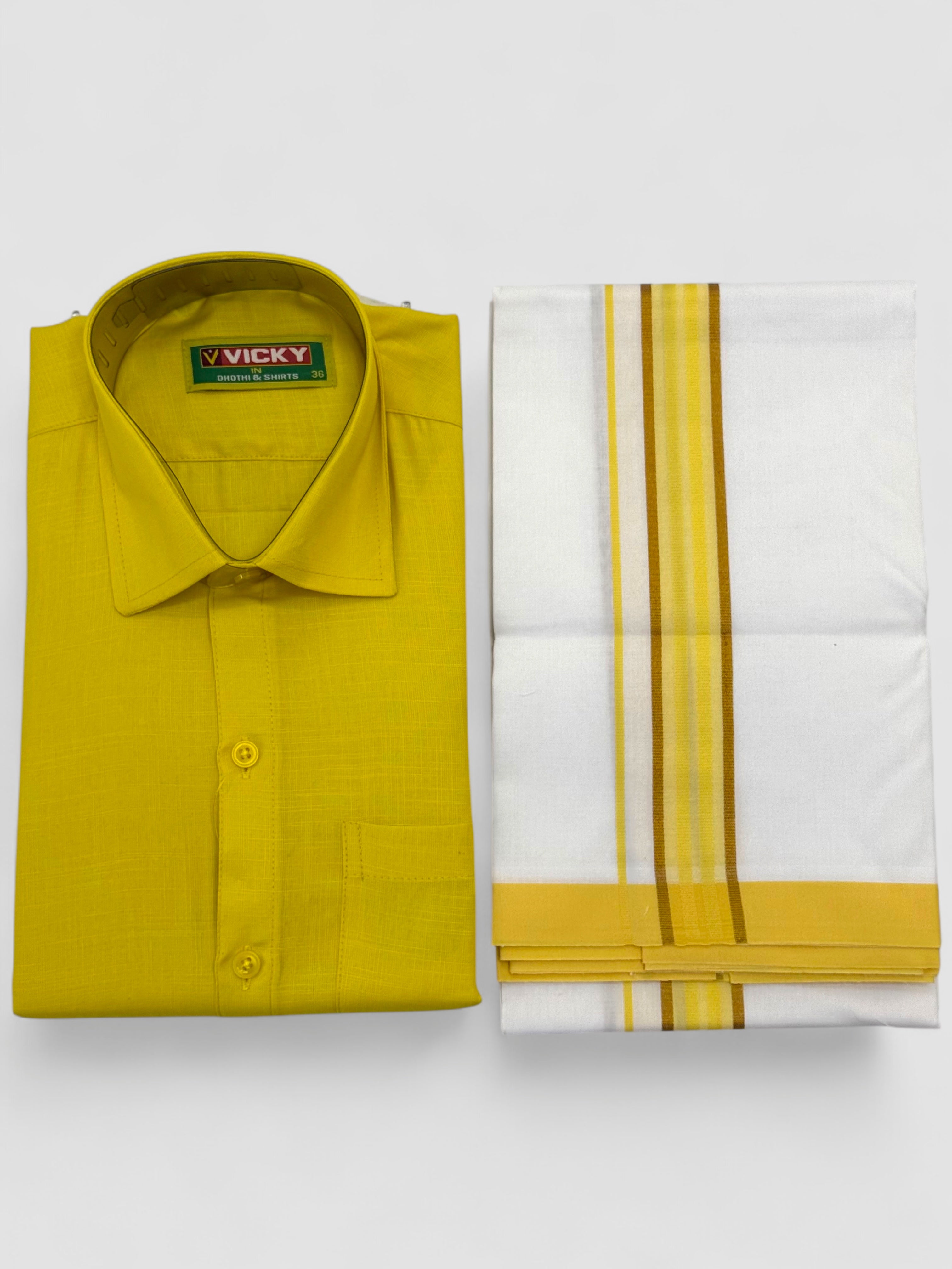 MEN'S MATCHING FANCY BORDER SINGLE DHOTI & SHIRT SET - YELLOW