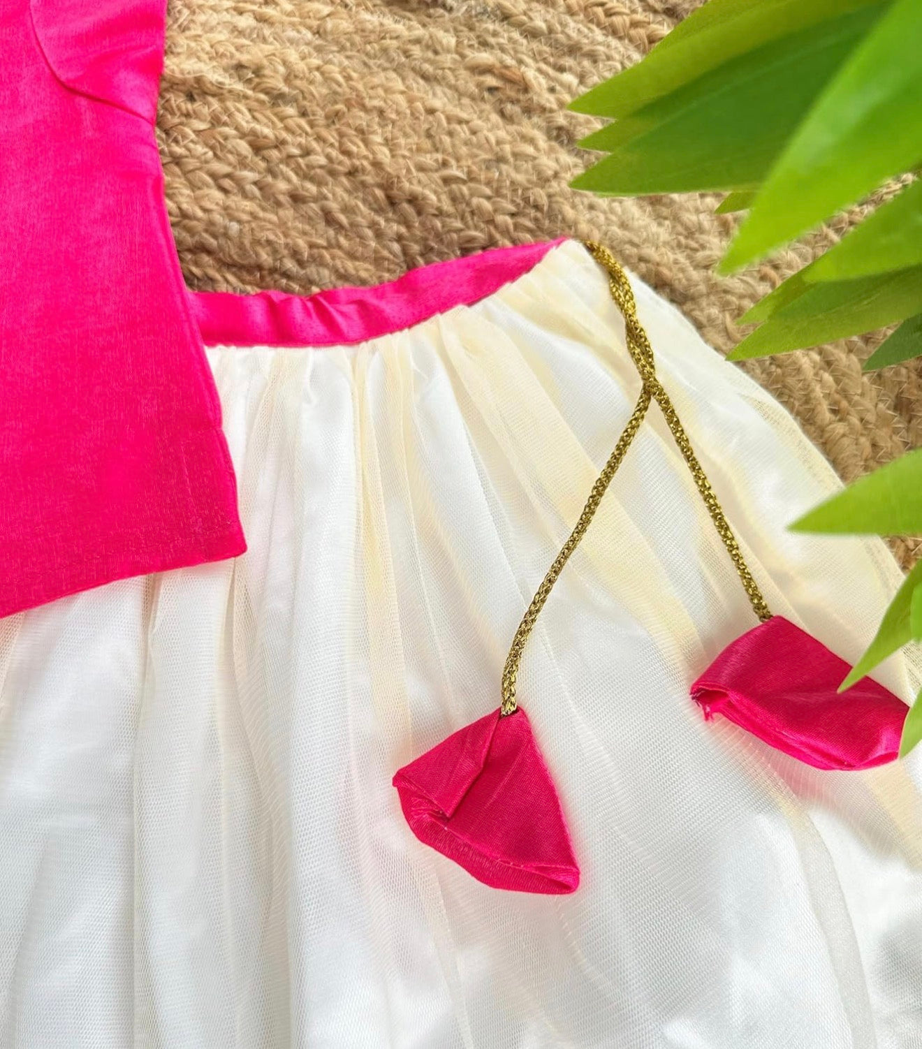 GIRLS COTTON SILK READYMADE LEHENGA CHOLI SET - RANI PINK & CREAM