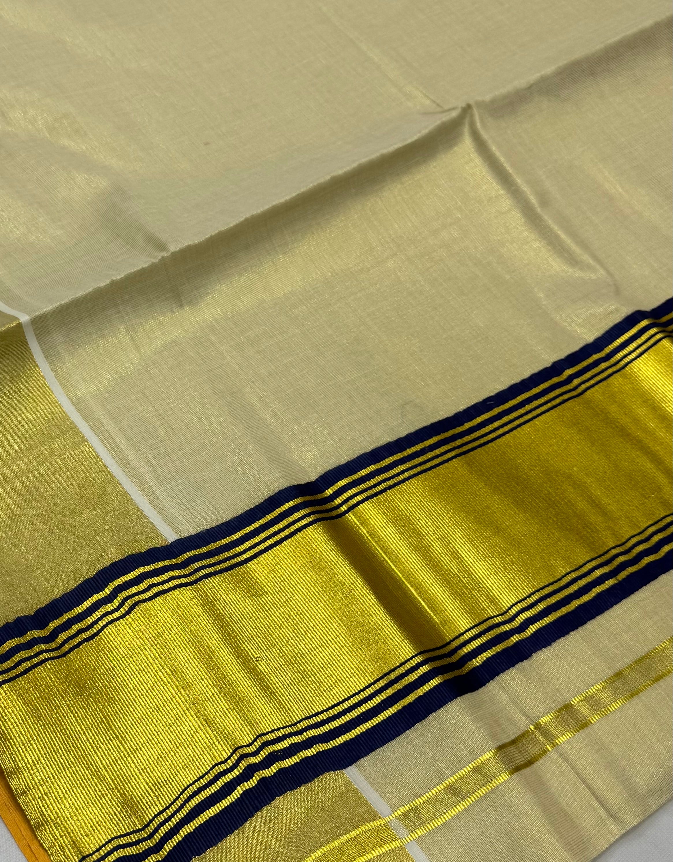 TRADITIONAL KERALA KASAVU TISSUE SAREE - (CREAM,GOLD,BLUE)