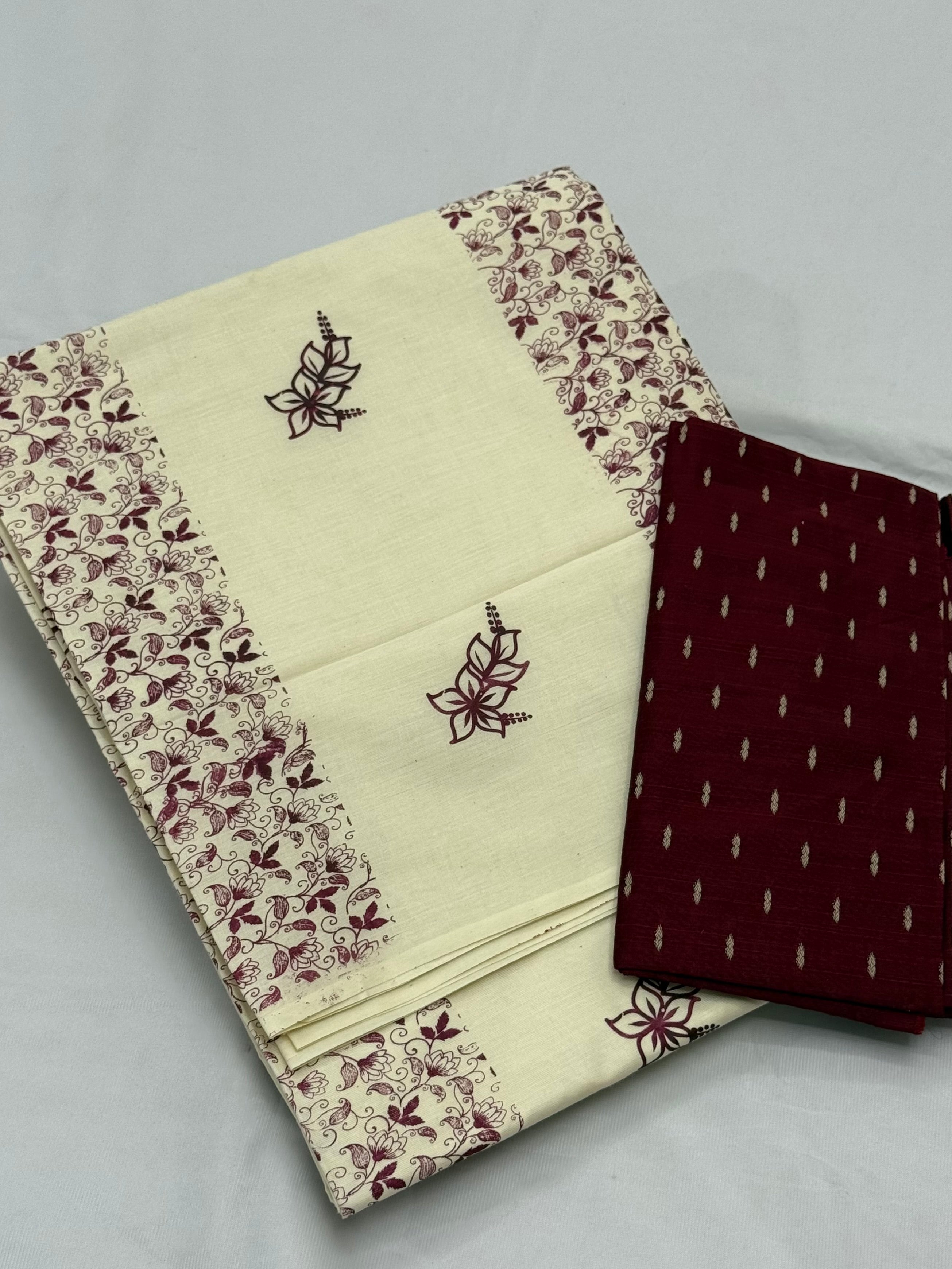 KASAVA COTTON PRINTED BORDERLESS SAREE WITH BLOUSE PIECE - MAROON