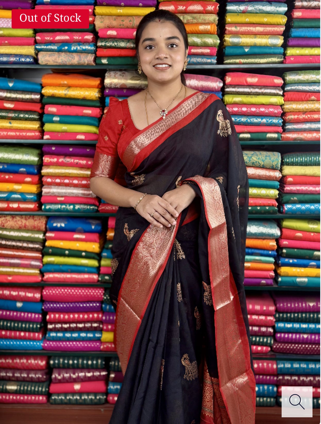 MATY GEORGETTE PEACOCK PRINT BLACK AND RED SAREE