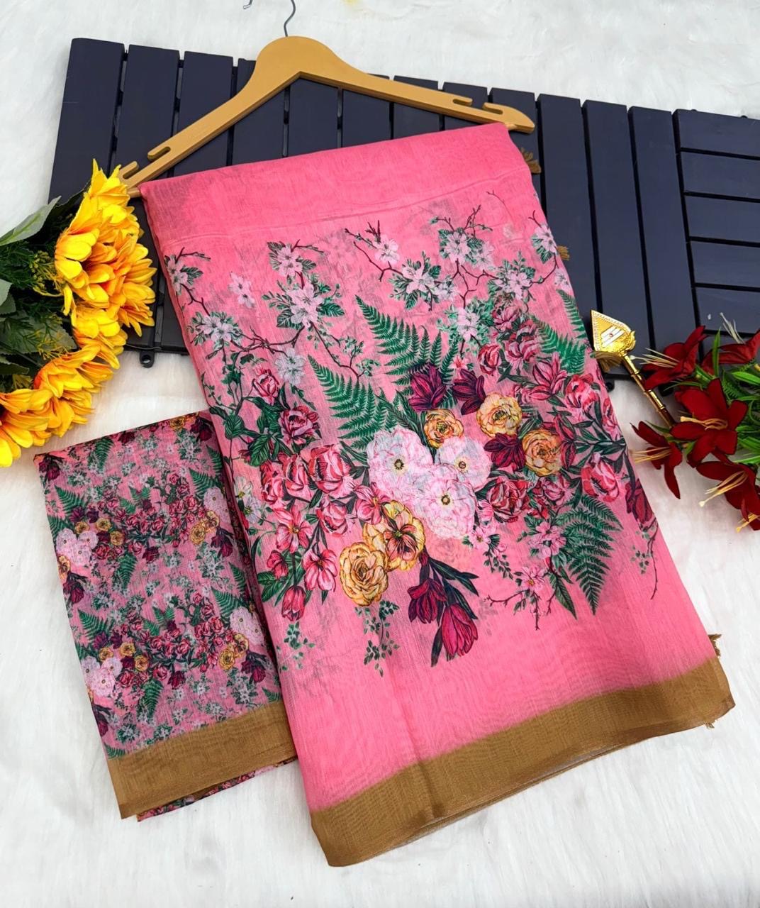 DIGITAL DESIGN CHANDERI SILK SAREE - PINK
