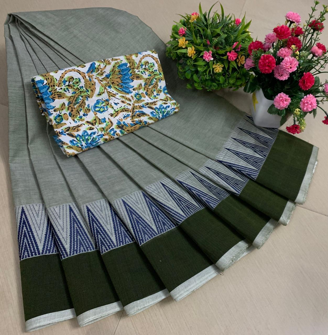 PURE KANCHI HANDLOOM COTTON SAREES - BASIL GREEN