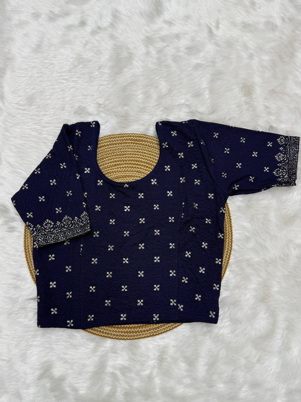 FLORAL BUTTI WORK STRETCHABLE BLOUSE - NAVY BLUE