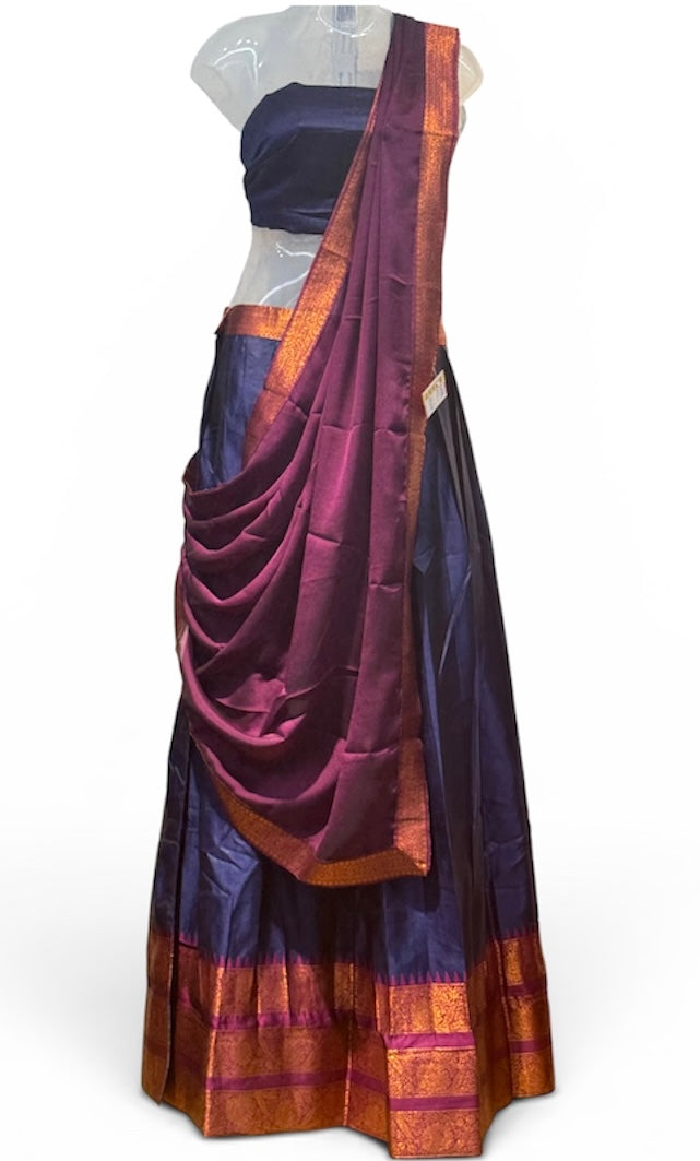 TRADITIONAL ONAM SPECIAL COTTON SILK DHAVANI SET - NAVY BLUE