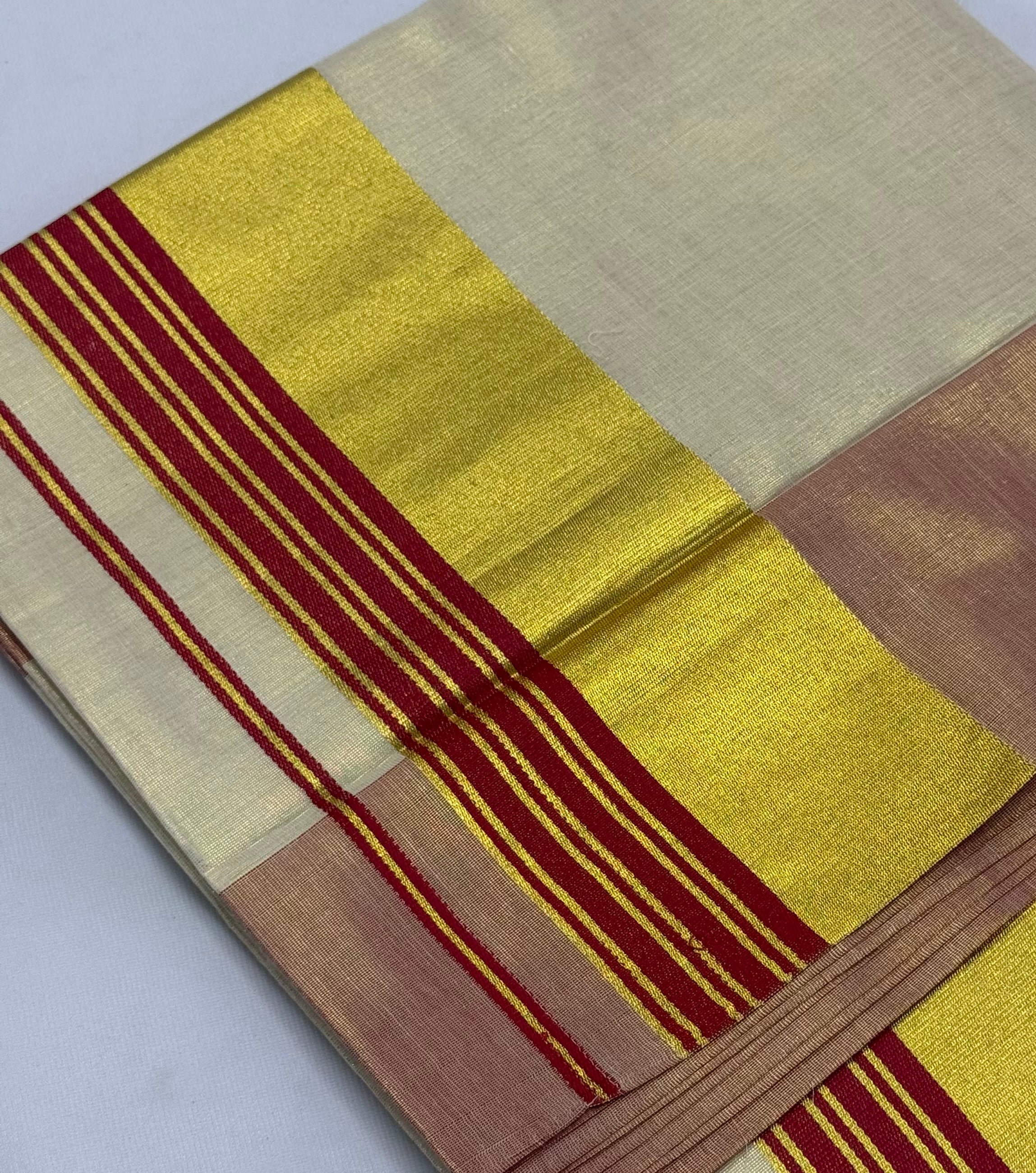 PREMIUM KERALA KASAVU TISSUE STRIPES SAREE - (CREAM,GOLD,RED)