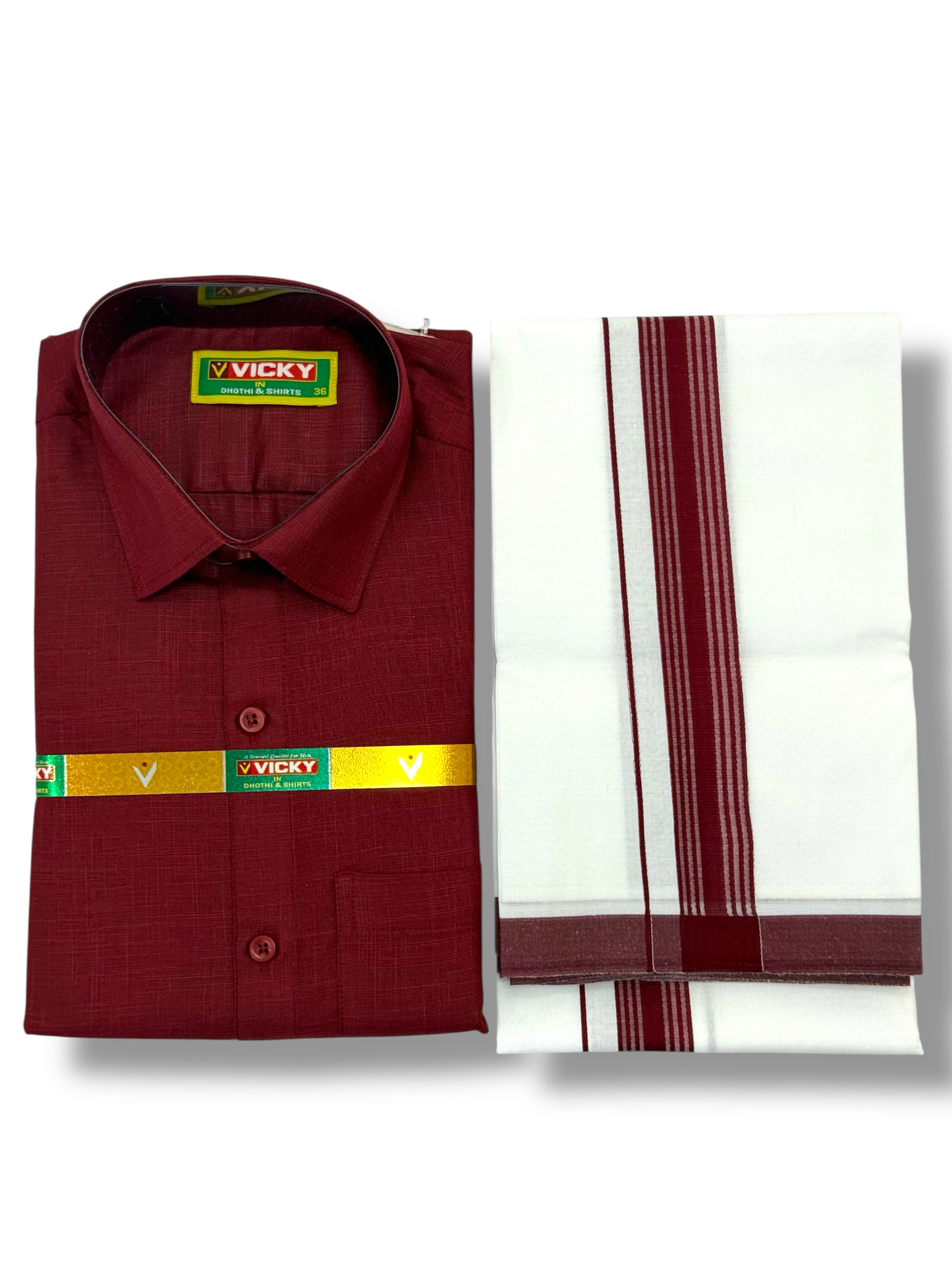 MEN'S MATCHING FANCY BORDER SINGLE DHOTI & SHIRT SET - MAROON