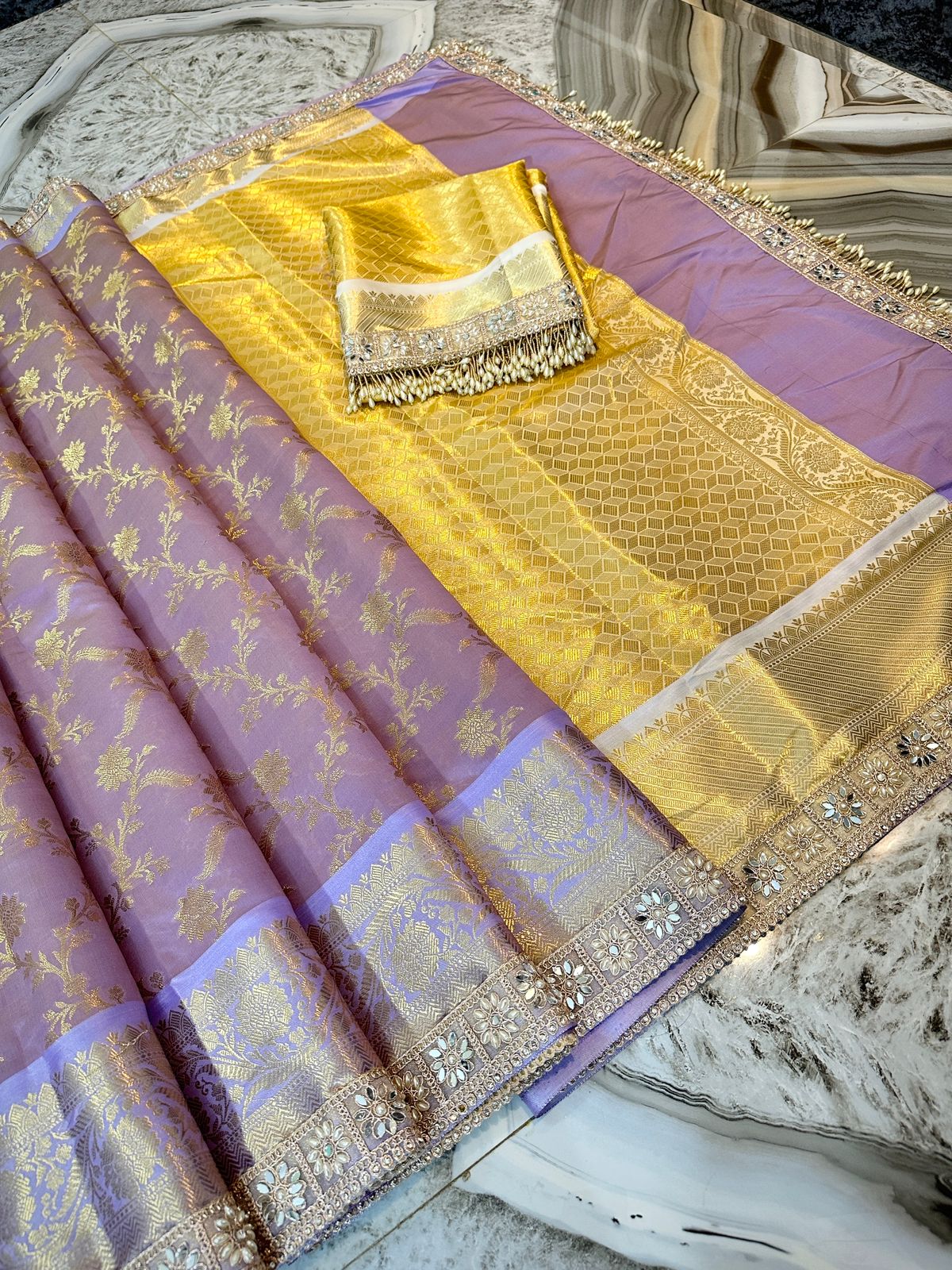 GRAND LACE WORK BANARASI TISSUE SILK SAREE - LAVENDER