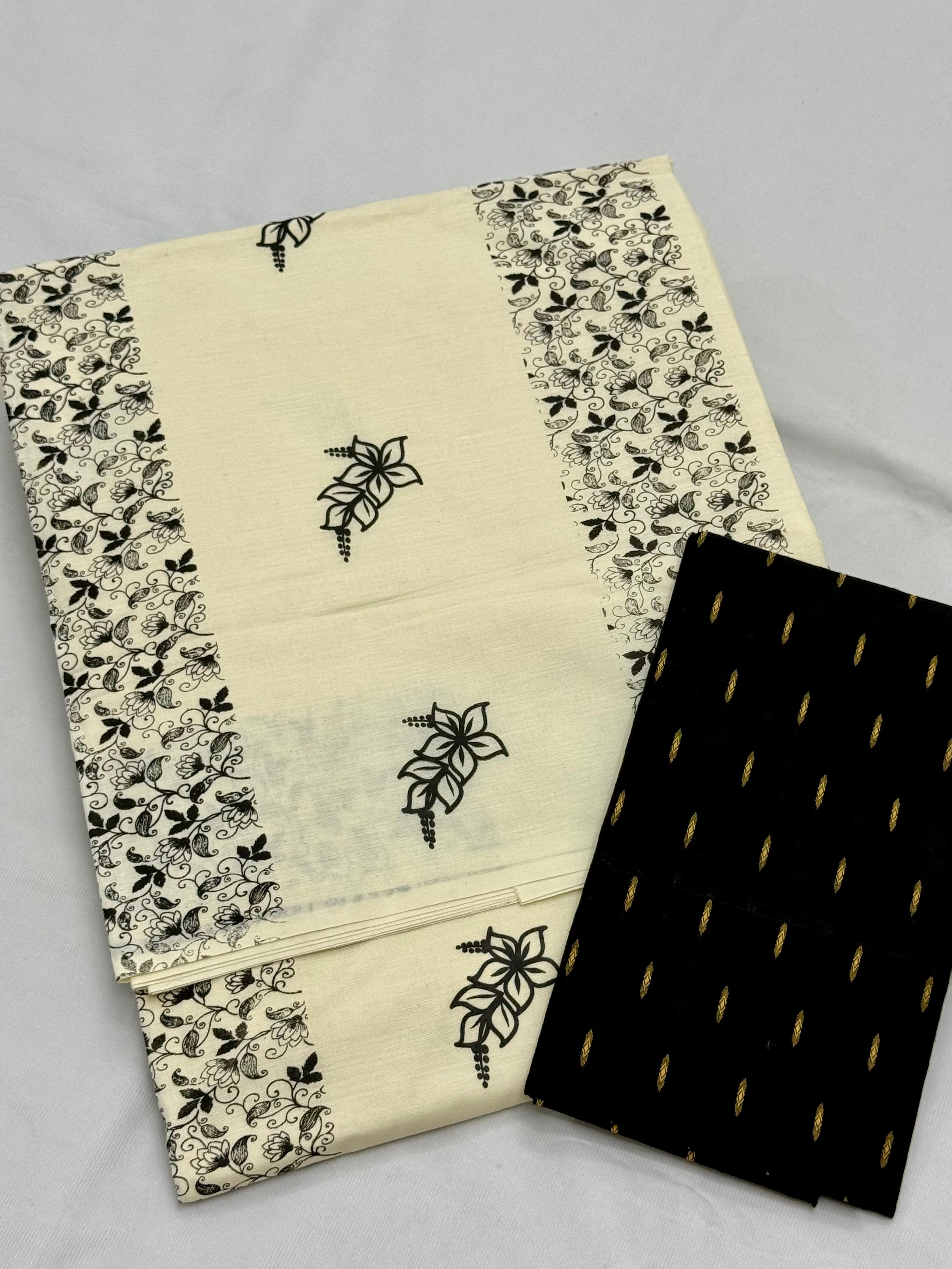 KASAVA COTTON PRINTED BORDERLESS SAREE WITH BLOUSE PIECE - BLACK
