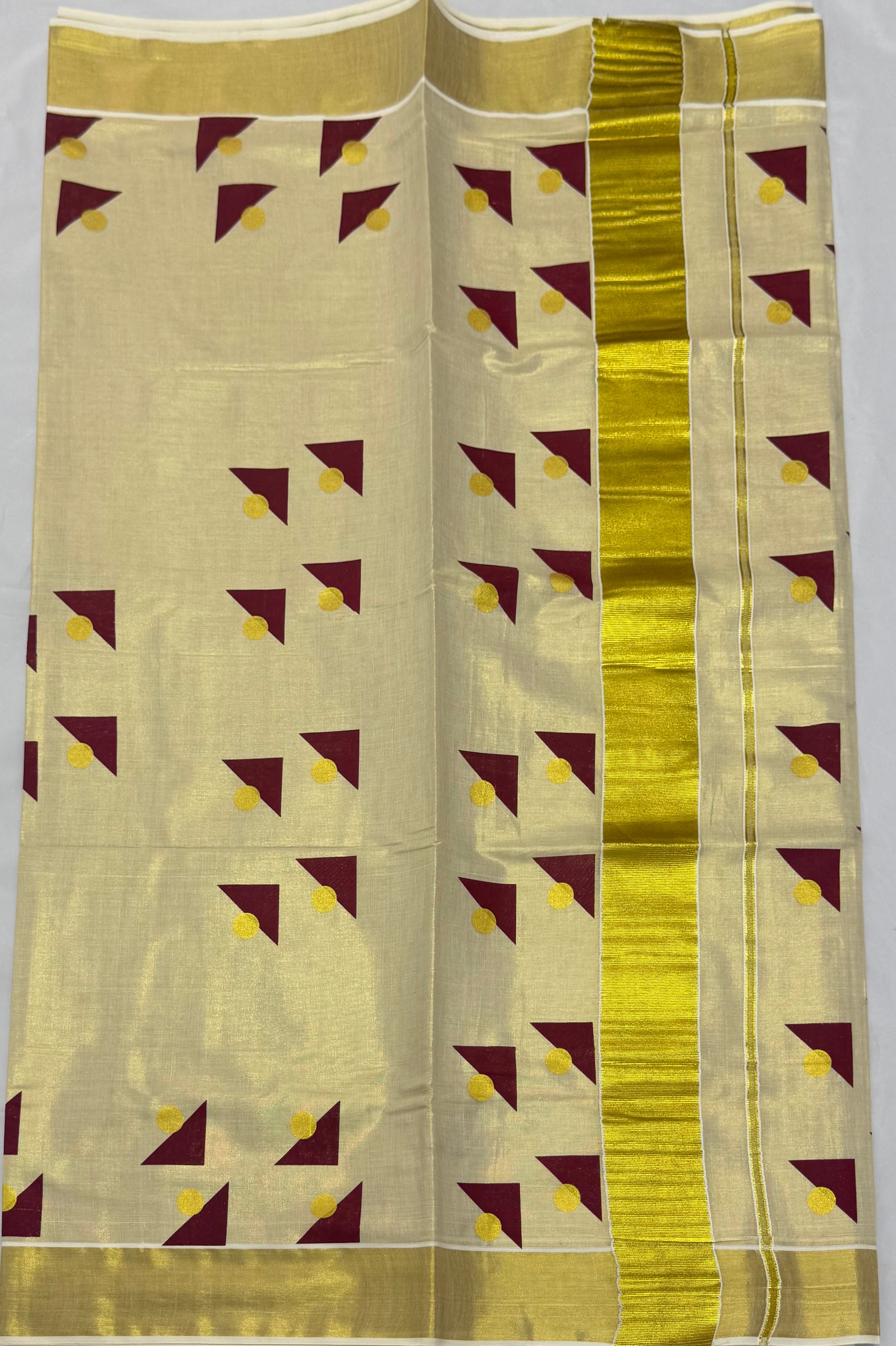 BLOCK PRINTED KASAVU TISSUE SAREE - (GOLD,CREAM)