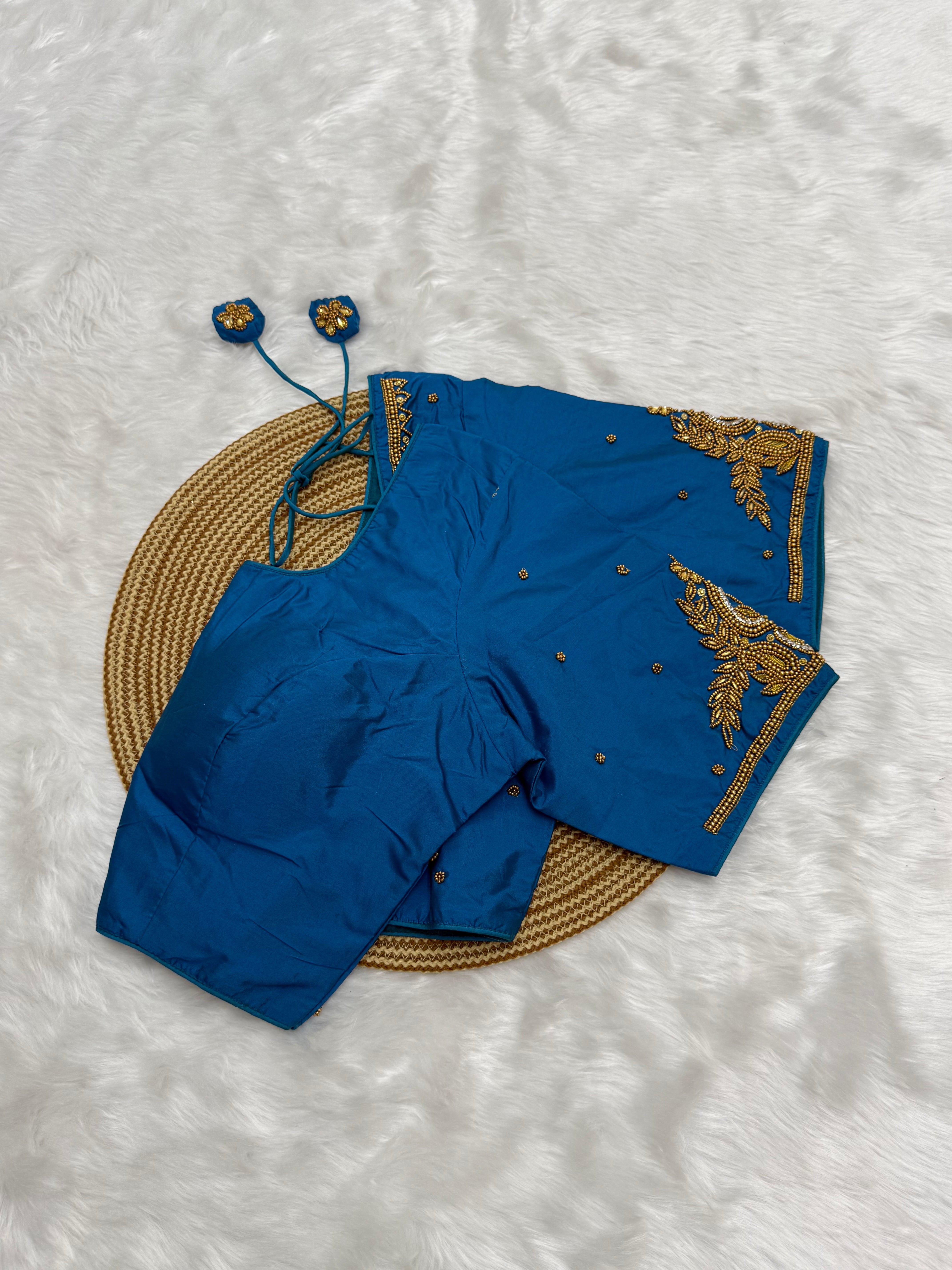BRIDAL AARI WORK READY TO WEAR SAREE BLOUSE - TEAL BLUE