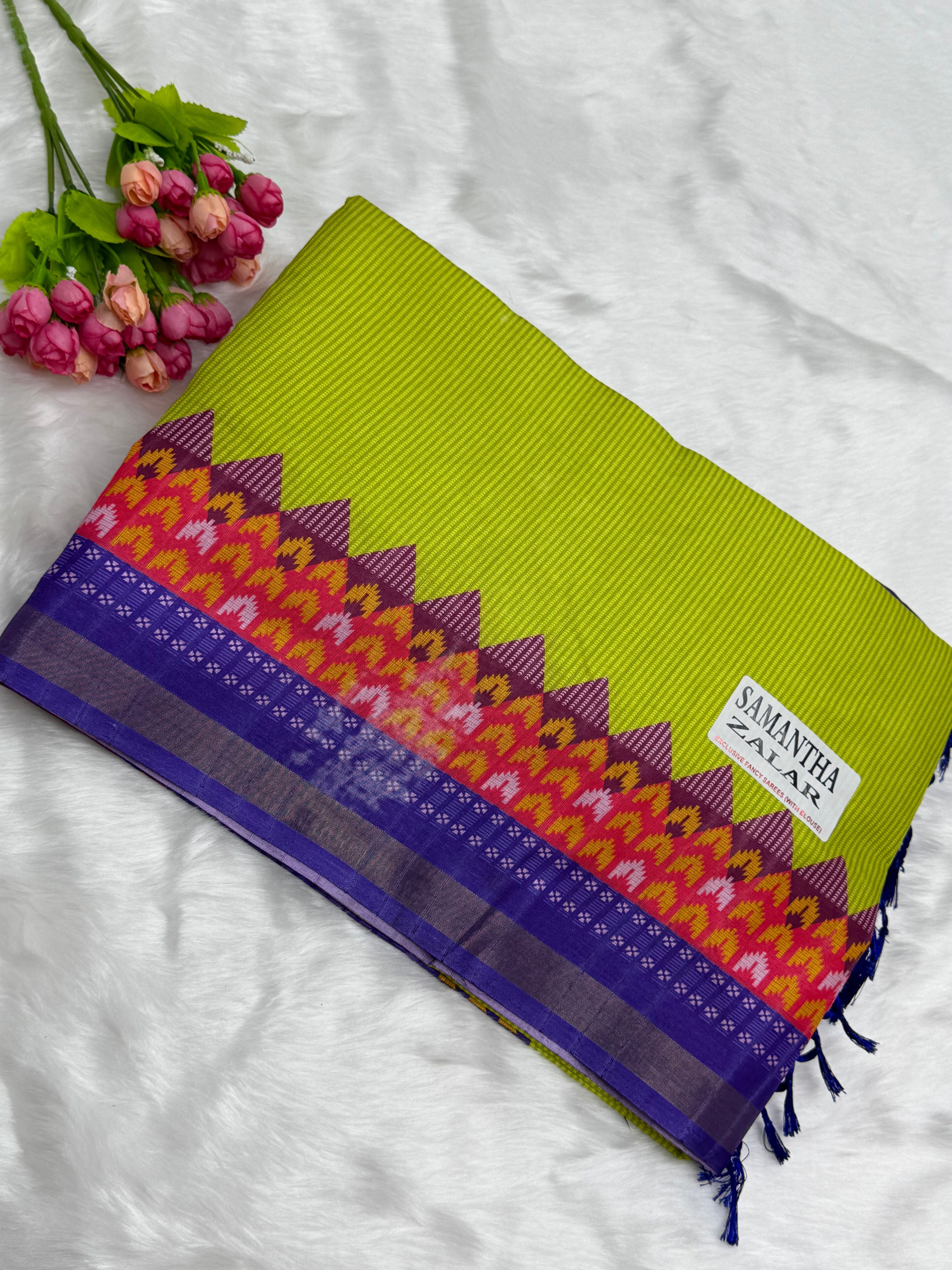 TRADITIONAL DOLLA SAREE WITH CONTRAST IKAT BORDER - OLIVE GREEN