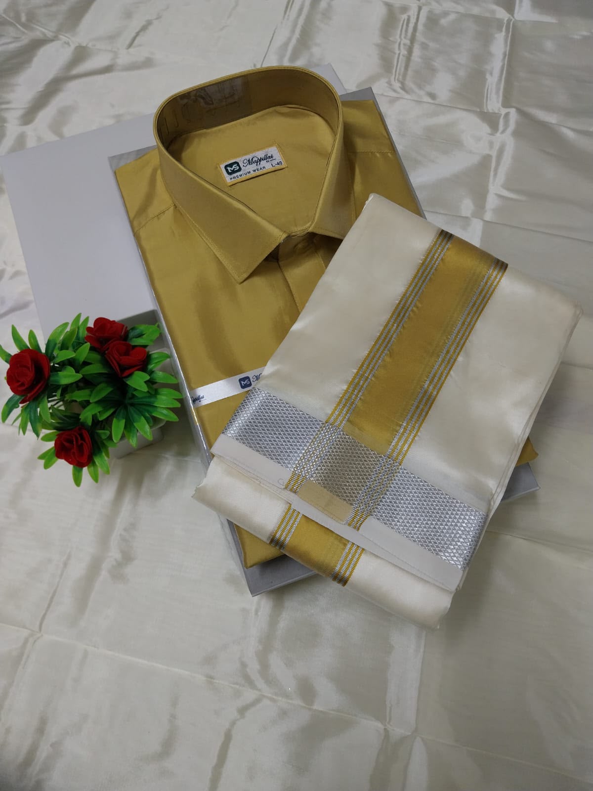 MEN'S PREMIUM SILK SHIRT & CREAM VELCRO DHOTI SET - JARI GOLD