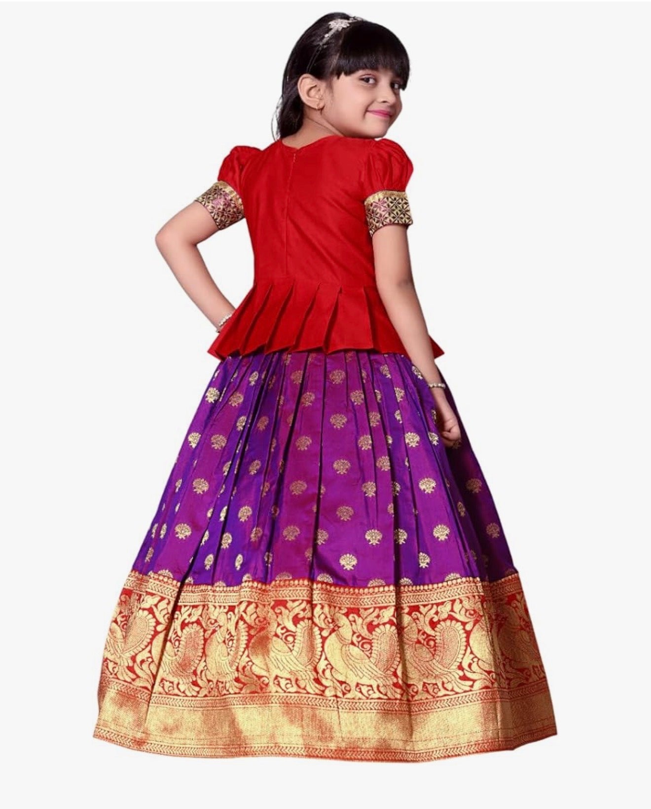 GIRLS SILK BLEND READYMADE PATTU PAVADAI/LEHENGA CHOLI - RED & VIOLET
