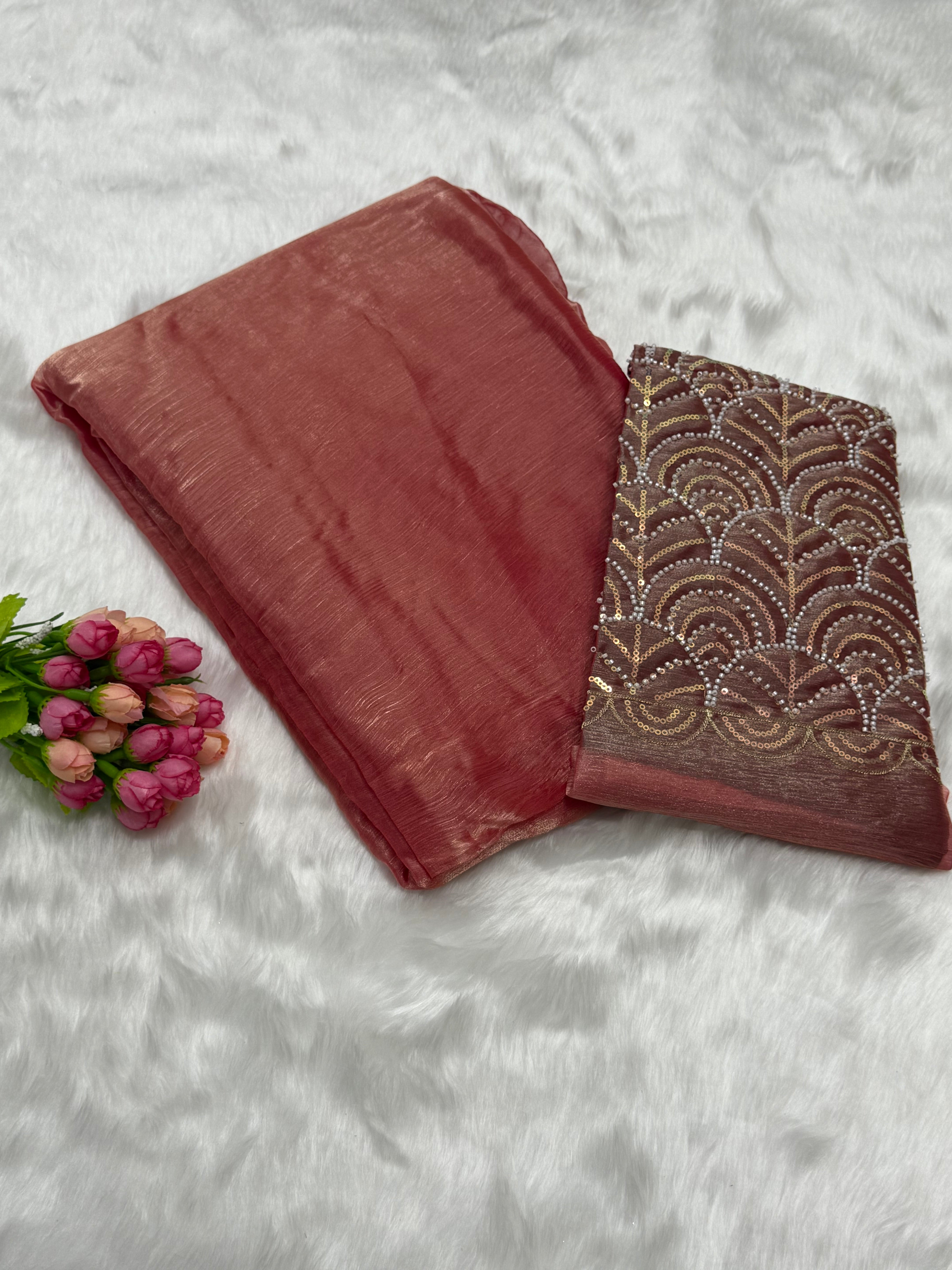 PREMIUM SPACE SILK SAREE WITH A MATCHING BLOUSE PIECE - PEACHEY PINK