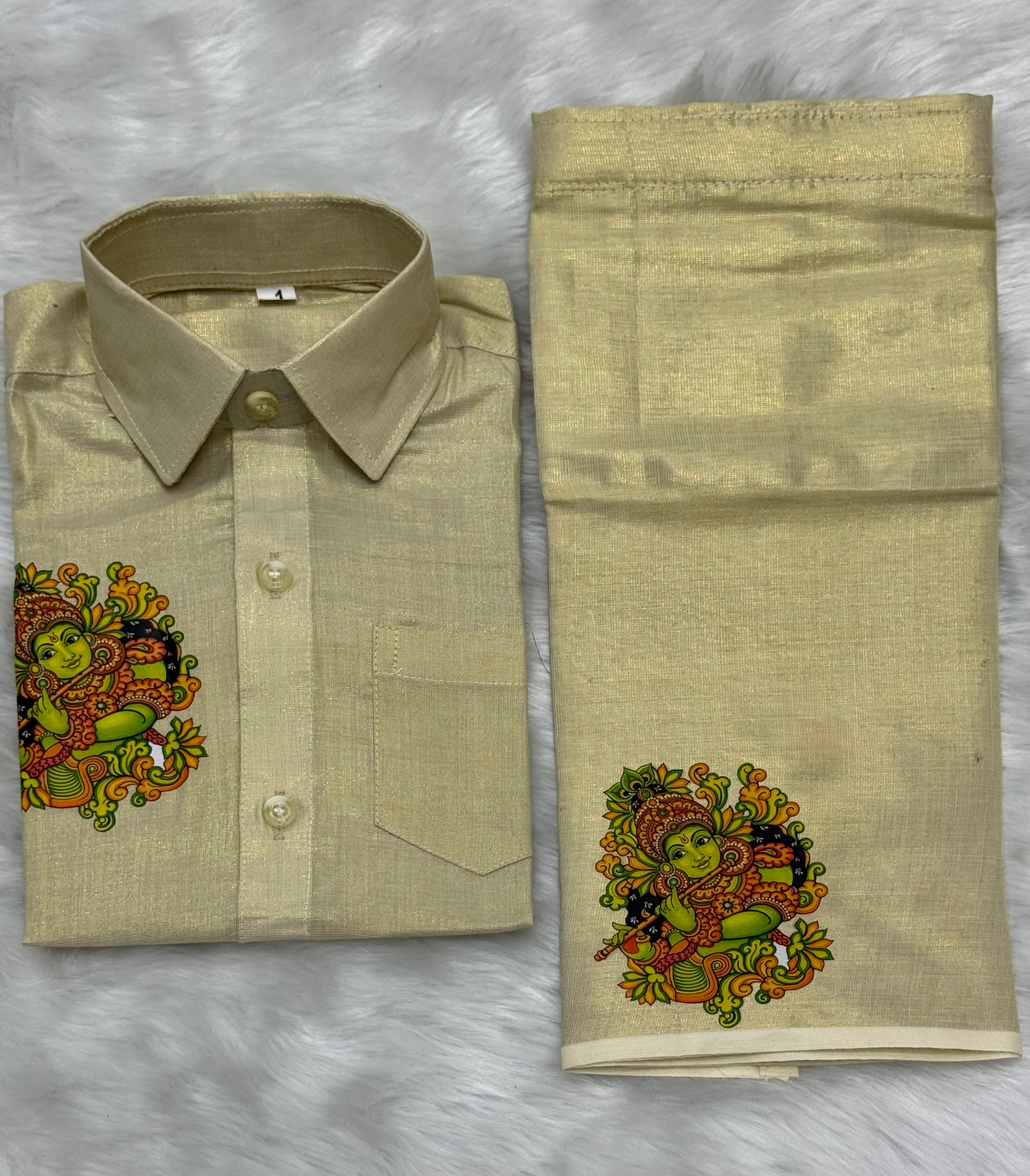 KIDS CULTURAL PRINTED VELCRO DHOTI & SHIRT COMBO SET - GOLD